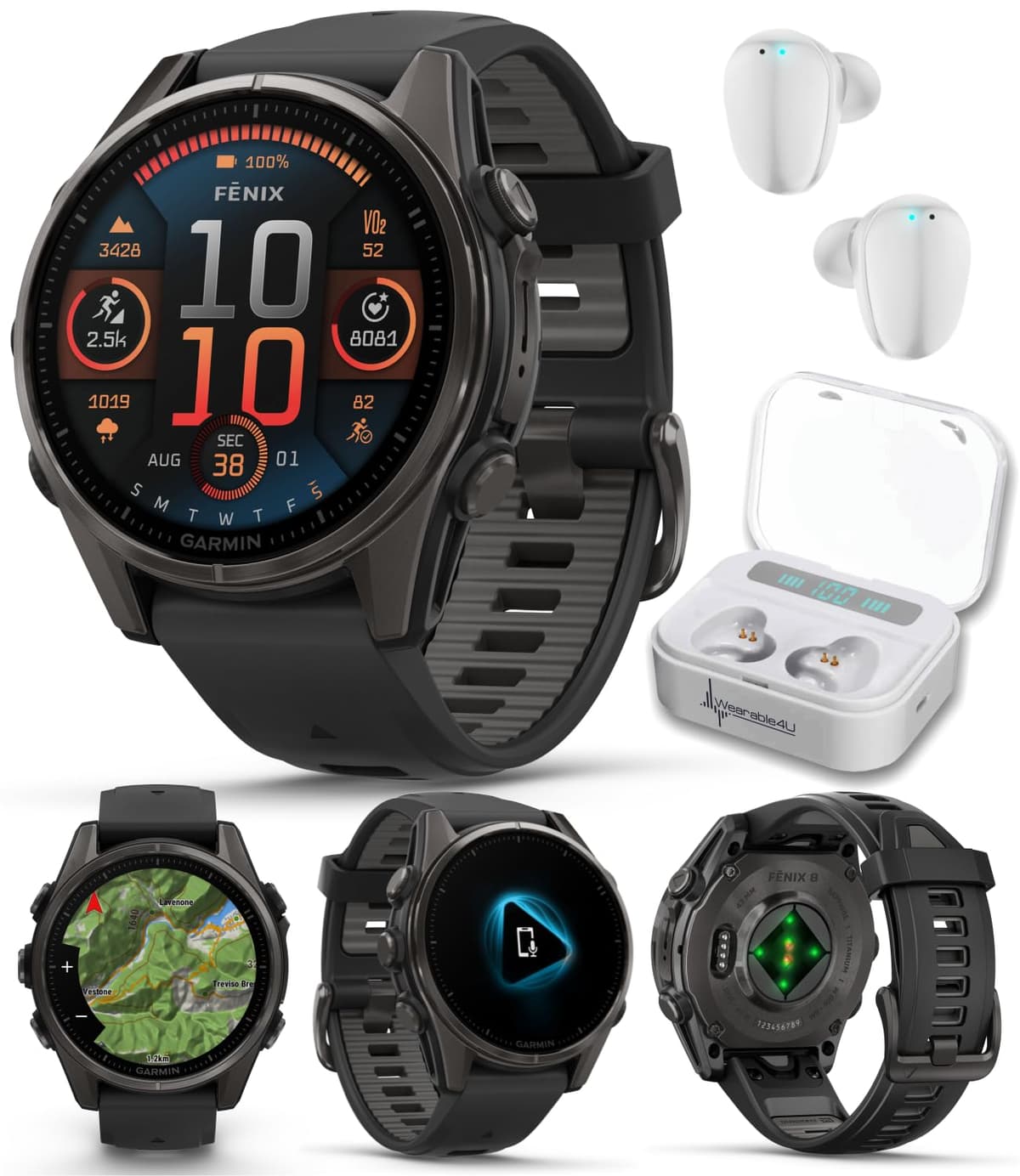 Wearable4U Garmin Fenix 8 43 mm Sapphire AMOLED Multisport GPS Smartwatch Carbon Gray DLC Titanium + Earbuds Blancos TWS X7-1