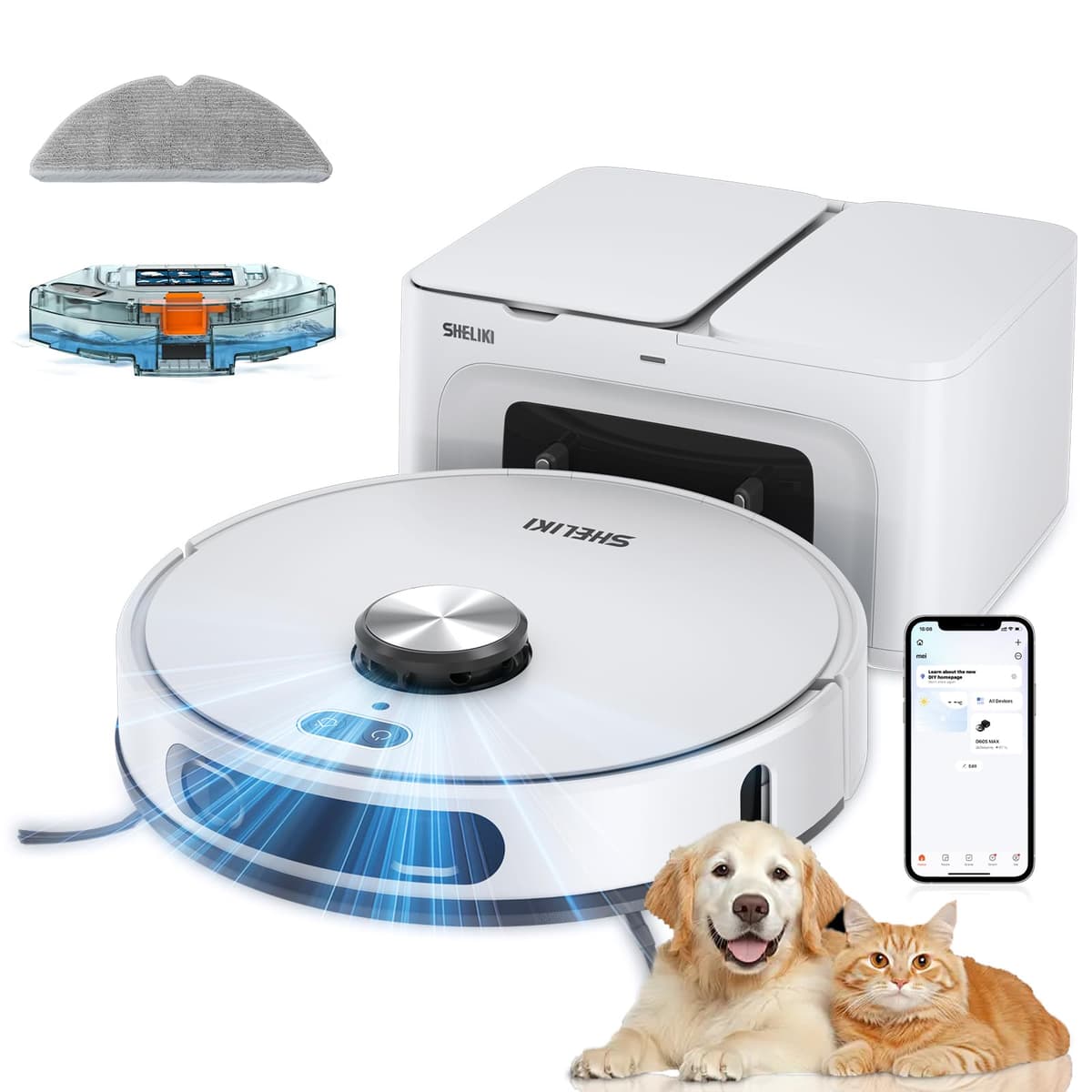 SHELIKI Robot Aspirador y Mop 3 en 1 con Base Auto-vaciado 70 días, LiDAR 360° y 6000Pa D60S MAX White