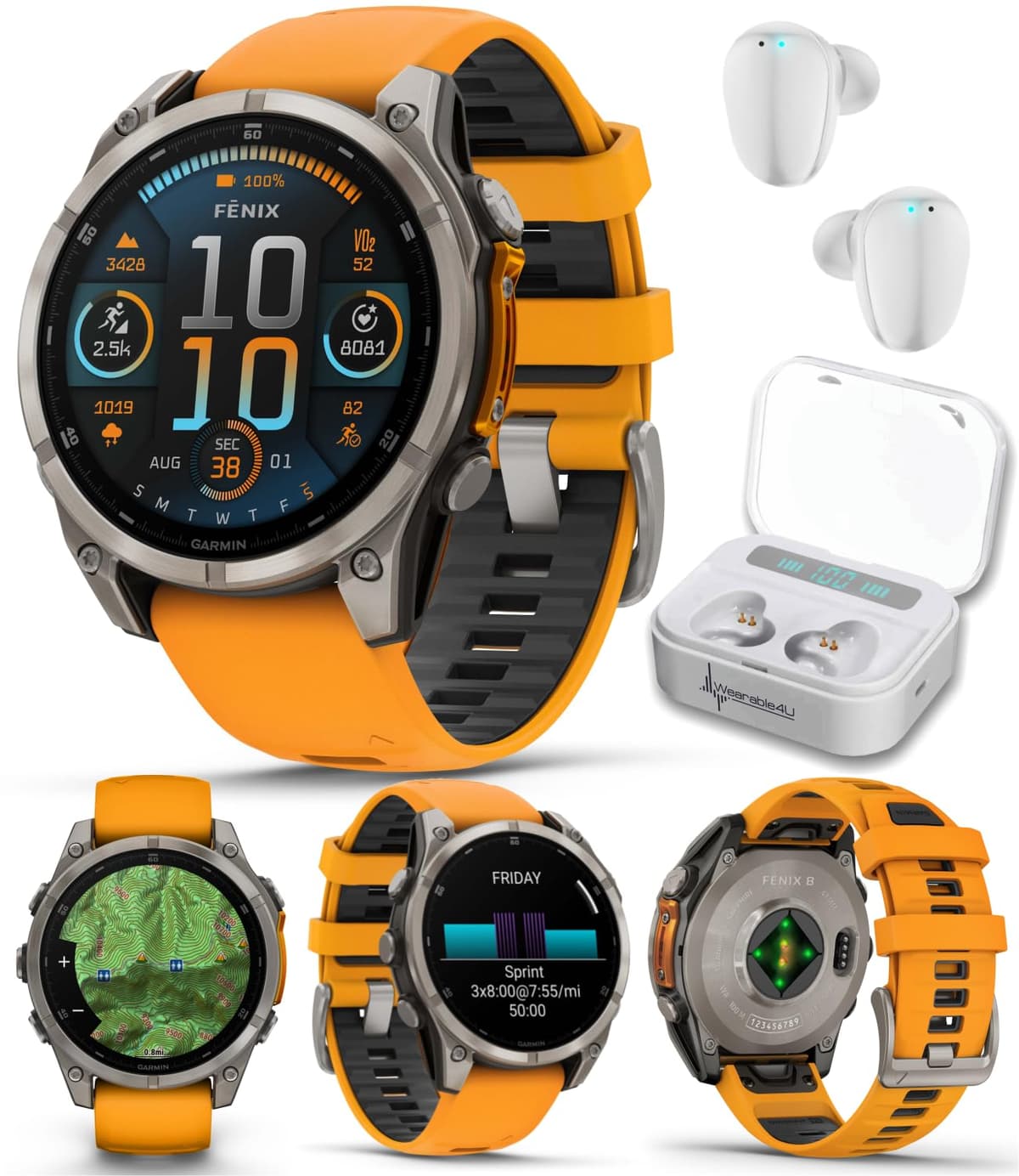 Wearable4U Garmin Fenix 8 47 mm AMOLED Sapphire Titanium con correa Spark Orange/Graphite y auriculares blancos TWS X7-1