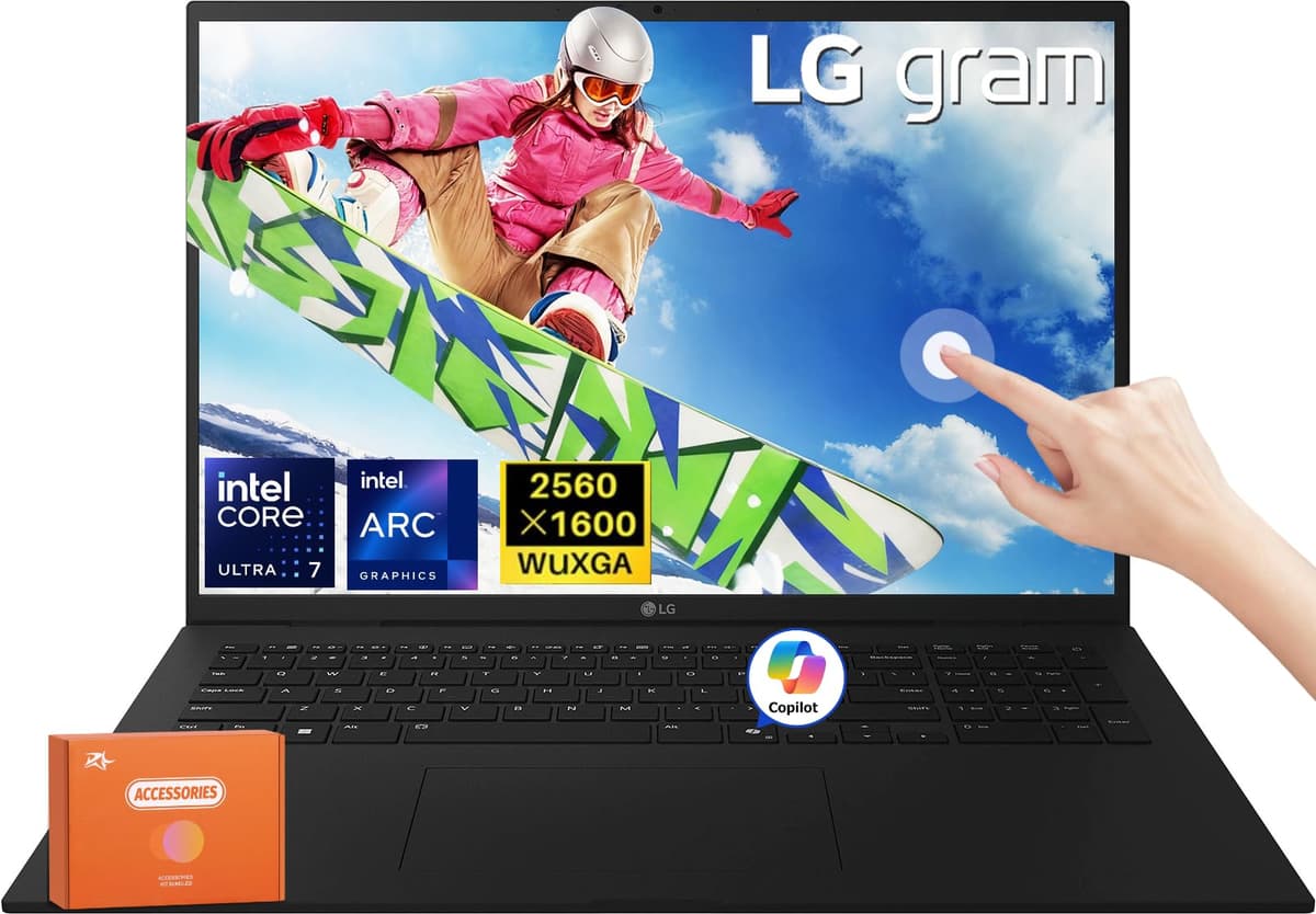 LG Gram 17 Empresarial con Pantalla Táctil, 17” WQXGA, Intel Ultra 7 258V, Gráficos Intel Arc, 32 GB LPDDR5X 8533MHz, 4 TB SSD, Wi-Fi 7, Hasta 23.5 Horas, Copilot AI, Windows 11 Pro, Accesorios 17Z90TL-H.AUB6U3