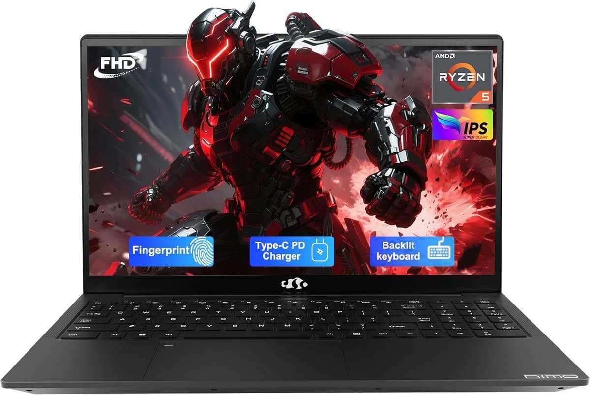 NIMO 15.6'' IPS FHD Laptop, 16GB RAM 512GB SSD AMD Ryzen 5 (mejor que i5-1135G7, 4 núcleos hasta 3.7GHz) Computadora para estudiantes con 2 años de garantía, 65W Tipo-C, huella dactilar, teclado retroiluminado, BT5.2, teclado numérico ARN21S