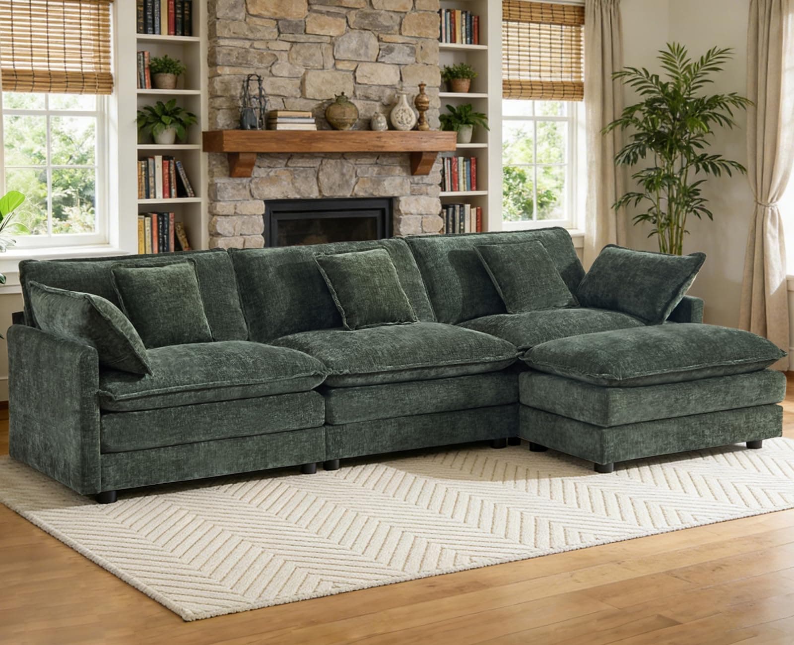 VEPXXP Sofa Modular Seccional L de Chenille, Asiento Profundo, 3 Plazas con Puff Móvil, Verde