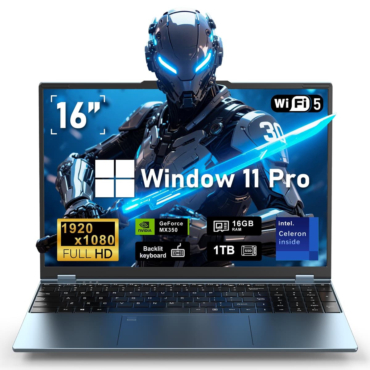 NAIKLULU Portátil Gamer, Computadora Portátil 2025, Win 11 Pro 16" Laptop, 16 GB RAM 1 TB SSD, Gráficos MX350, Procesador N95 4C/4T (hasta 3.4 GHz), Teclado Retroiluminado, Pantalla 16" FHD 1920×1200, WiFi 5, BT4.0 NY-04