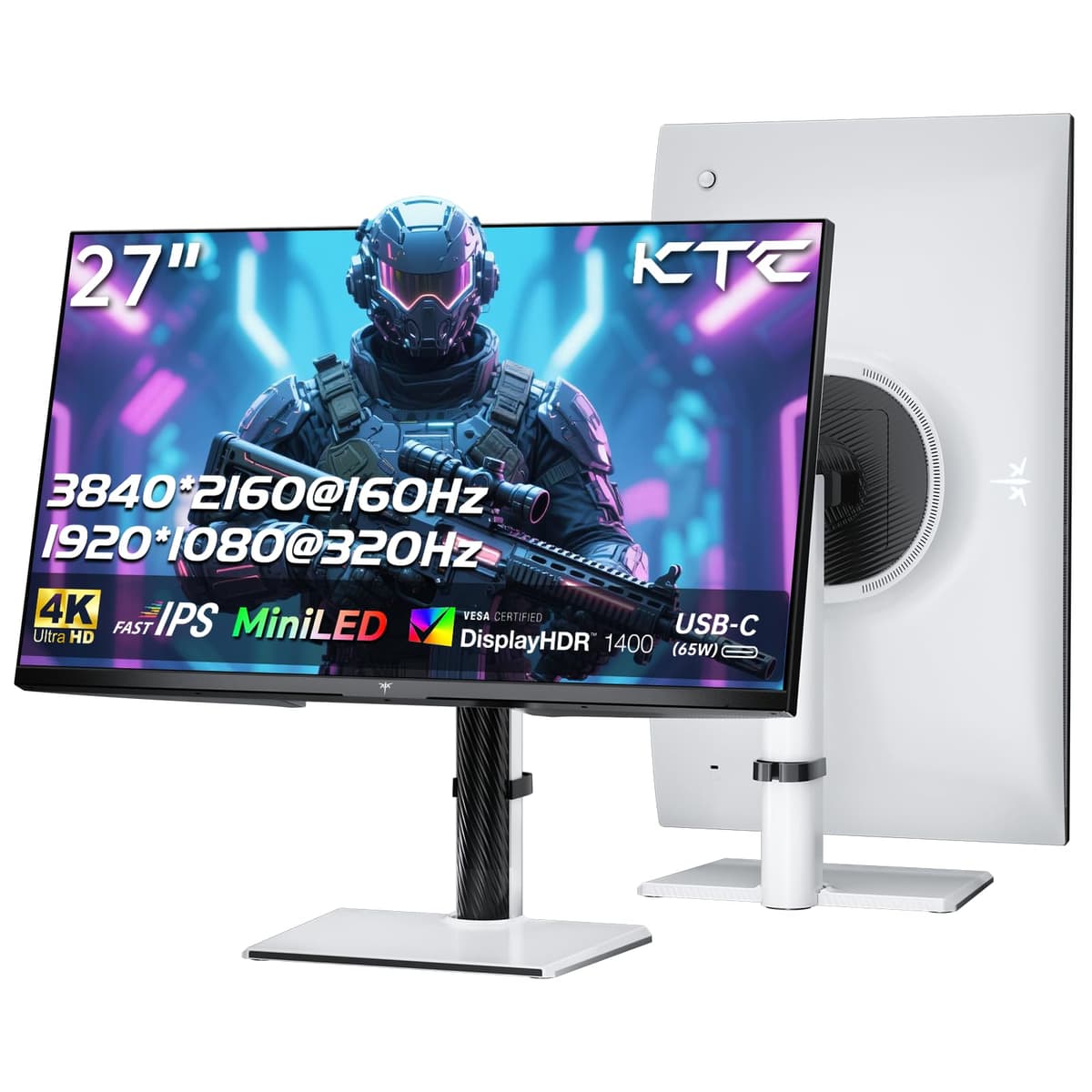 Monitor gamer KTC de 27 pulgadas 4K MiniLED, UHD 3840x2160 Modo dual (4K 160Hz/FHD 320Hz), HDR 1400, Fast IPS, Type-C 65W, KVM, VESA, inclinable, giratorio y regulable en altura, blanco, M27P6