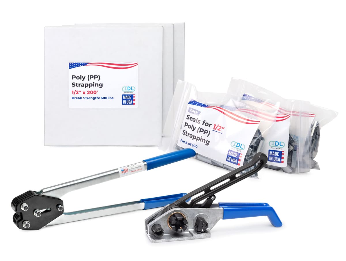 IDL Packaging Kit de flejes PP 1/2" x 600' (600 lbs) - 300 sellos incluidos US-PPSK.600.600