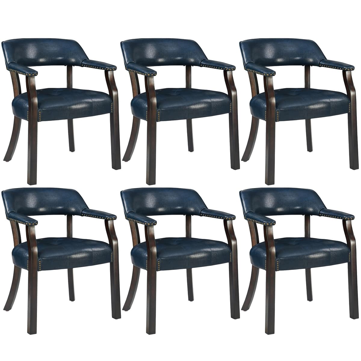 MODERION Juego de 6 Sillas de Comedor Tapizadas con Brazos, PU, Patas de Madera, Azul Oscuro con Piernas Marrón NX173-318LB CY-NX173-318LB