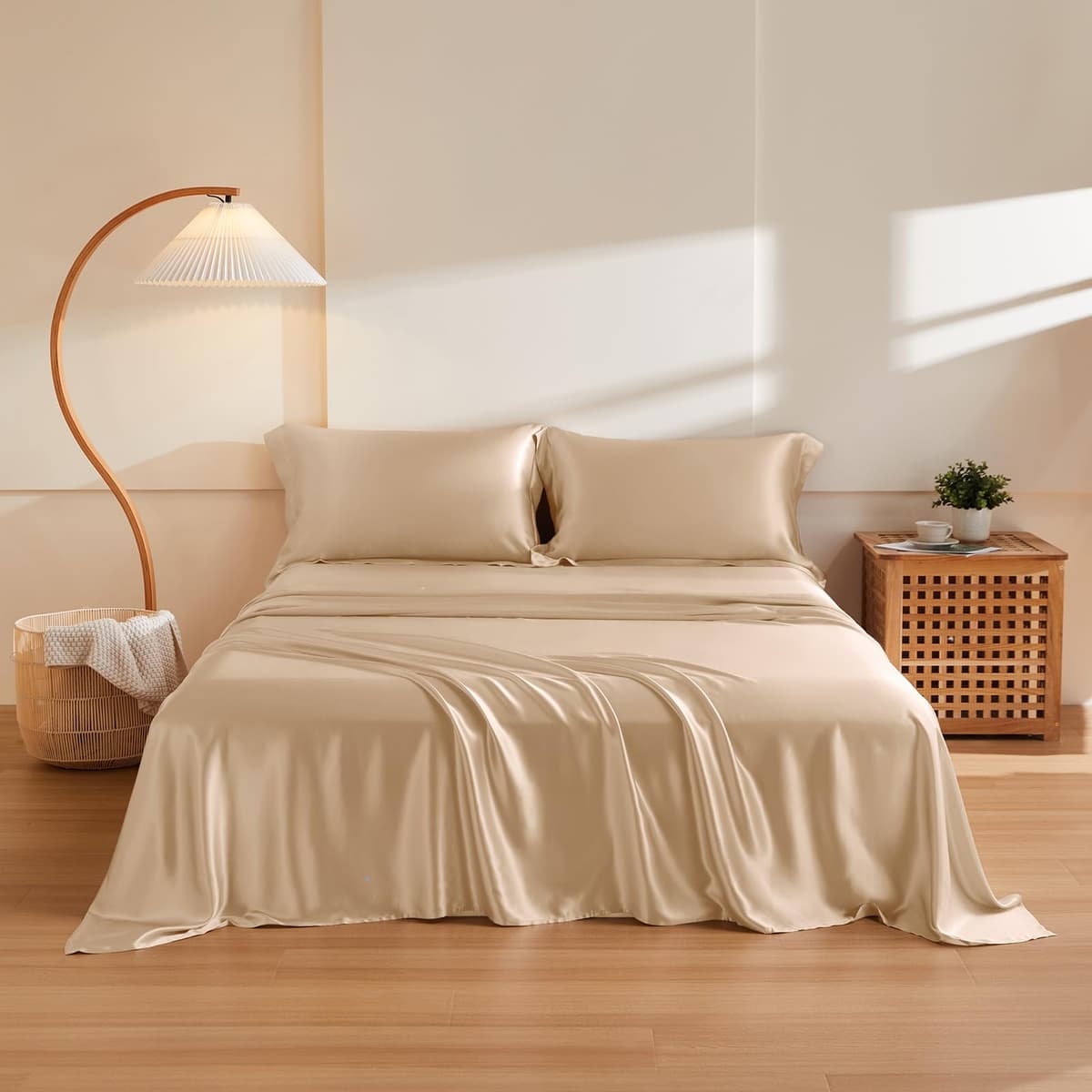 Juego de sábanas de seda THXSILK 4 piezas 100% seda mulberry (King, Champagne)