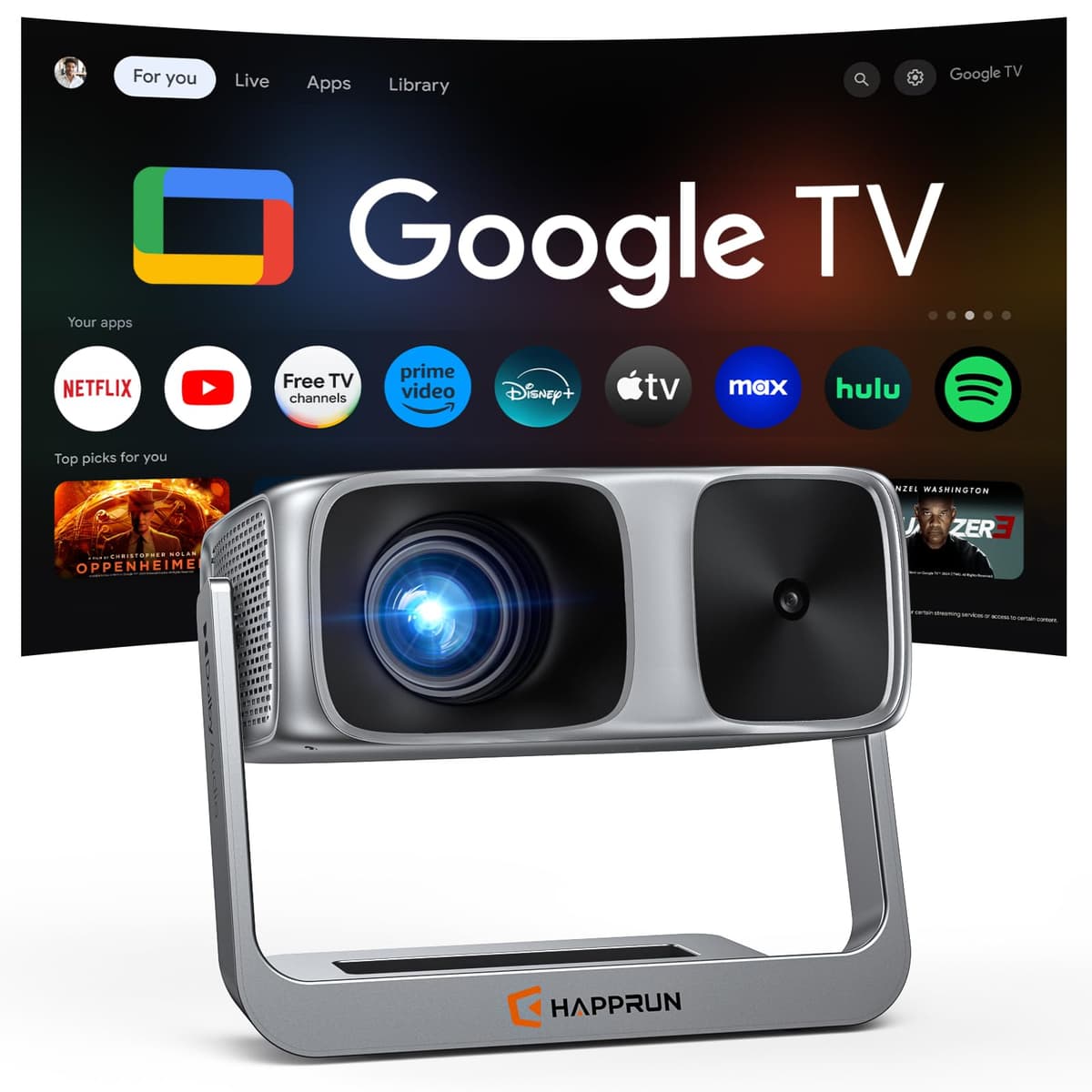 Proyector HAPPRUN K7 2000 ANSI, Google TV integrado, 4K, enfoque automático y Dolby Audio