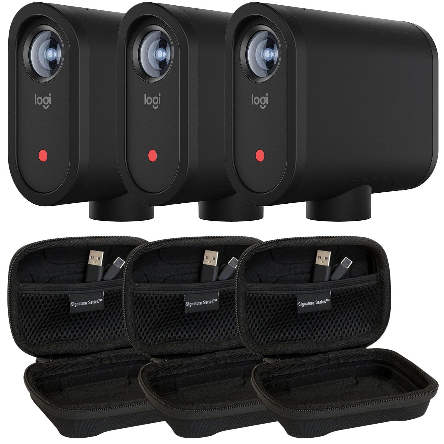 Certified Brands Logitech Mevo Start 3-Pack Cámaras inalámbricas 1080p HD con fundas Signature Series Logitech 961-000500 Case Bundle