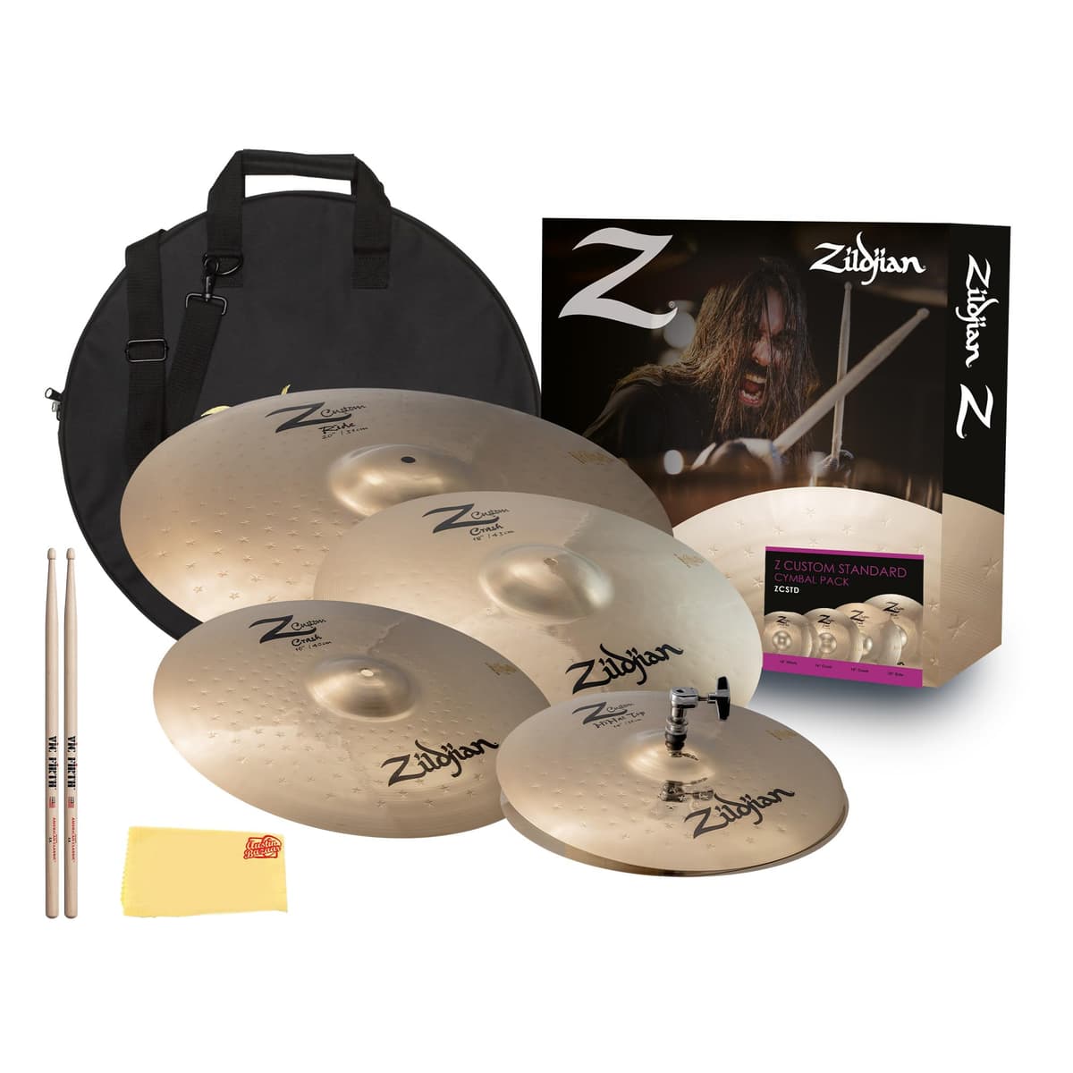 Zildjian ZCSTD Z Custom Standard Cymbal Pack - Set de Platillos con Bolsa, Baquetas y Paño Pulidor AUS-ZIL-ZCSTD-COMBO-DLX