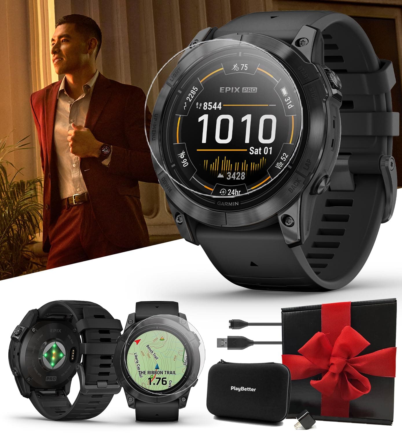 PlayBetter Garmin epix Pro (Gen 2) 51mm (Slate Gray/Black) - Smartwatch GPS AMOLED con linterna integrada - Bundle