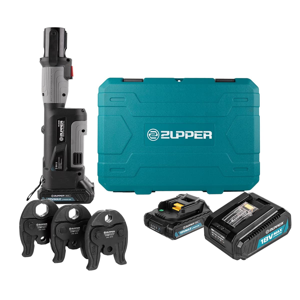 ZUPPER Compact Pro Press Tool kit con mordazas Copper Pro Press de 1/2", 3/4", 1", 2 piezas de batería, cargador rápido y estuche de transporte PZ-2430