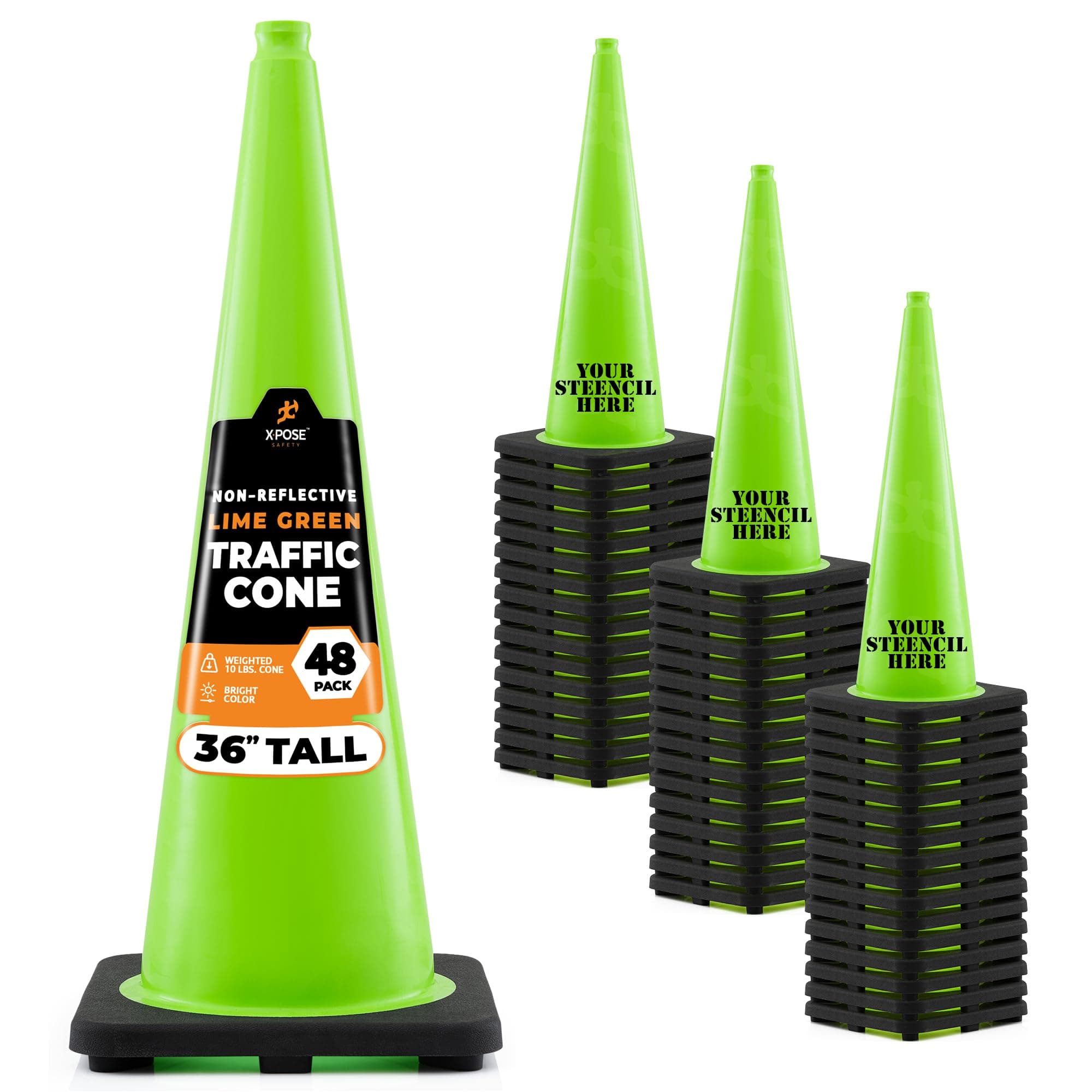Xpose Safety Cono de Tráfico 36" Lima - Paquete 48 - PVC Premium DOT LTC36-48-X