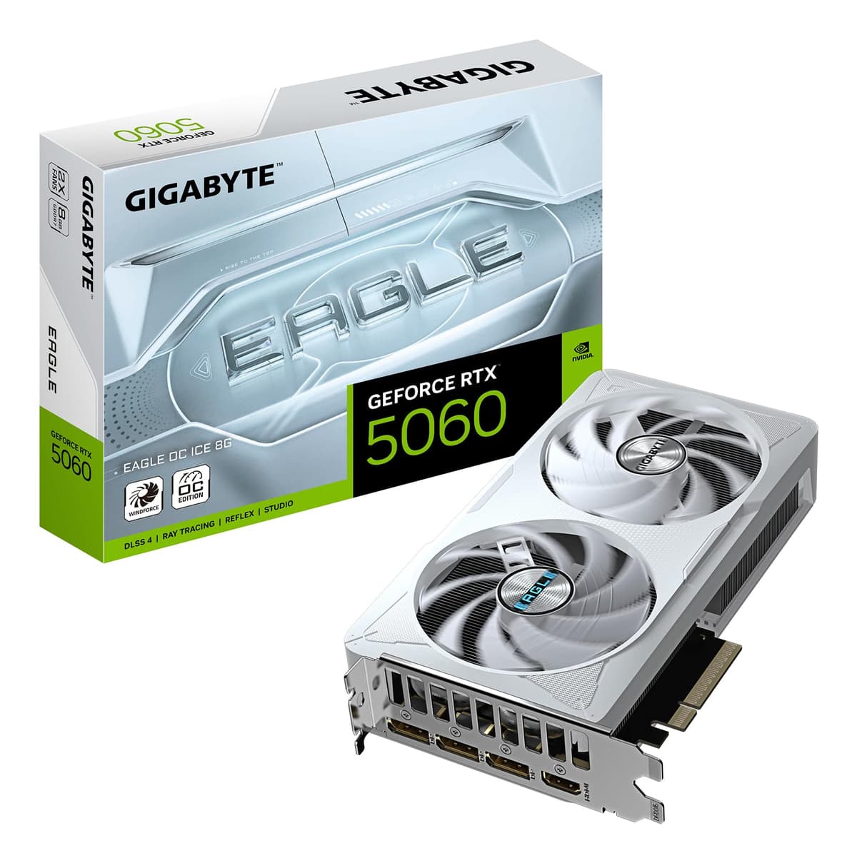Gigabyte GeForce RTX 5060 Eagle OC Ice 8G Tarjeta de Video - 8GB GDDR7,128 bits, PCI-E 5.0, 2550 MHz Reloj de Núcleo, 3 x DisplayPort, 1 x HDMI, GV-N5060EAGLEOC ICE-8GD