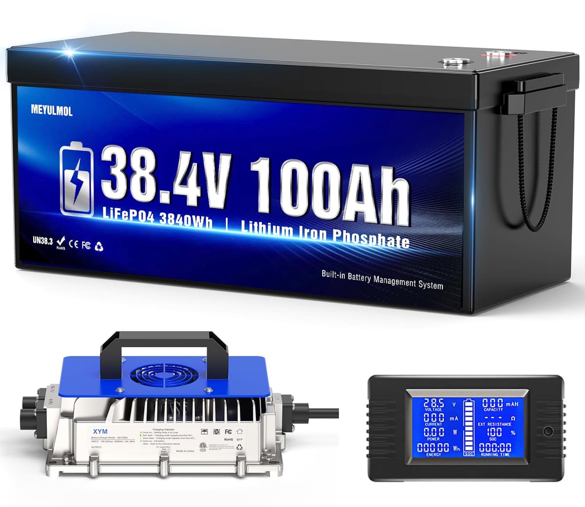 MEYULMOL Batería Litio 36V 100Ah LiFePO4 para Golf Cart con BMS 100A, Cargador y Monitor LCD
