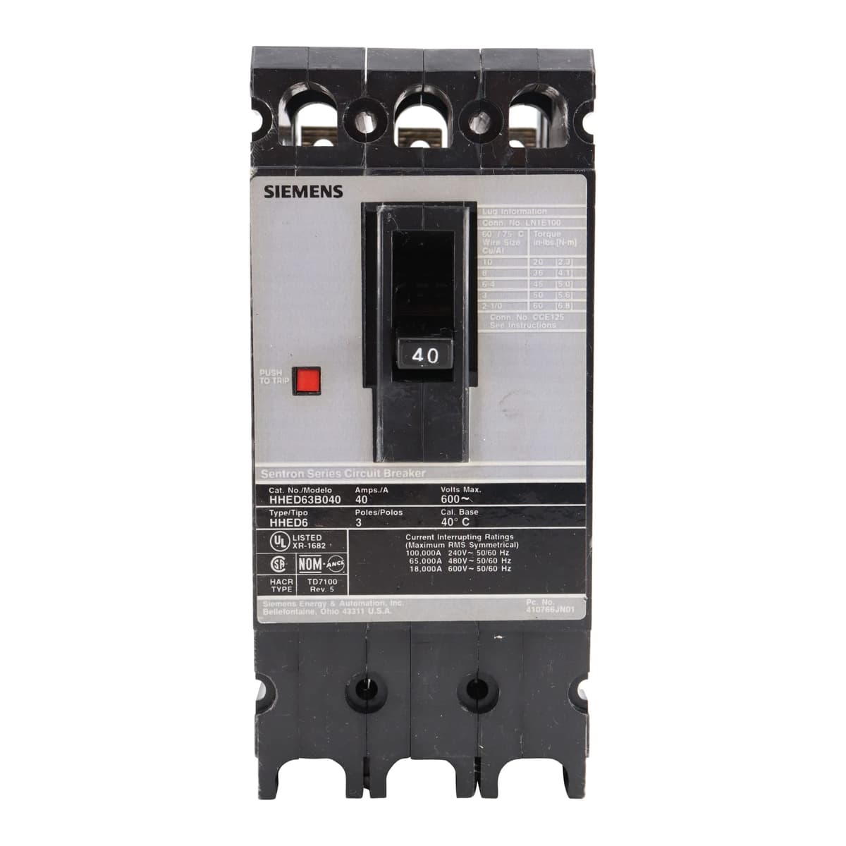 Siemens HHED63B040 Sentron Interruptor termomagnético Bolt-On, 3 polos, 40 A, 600 V