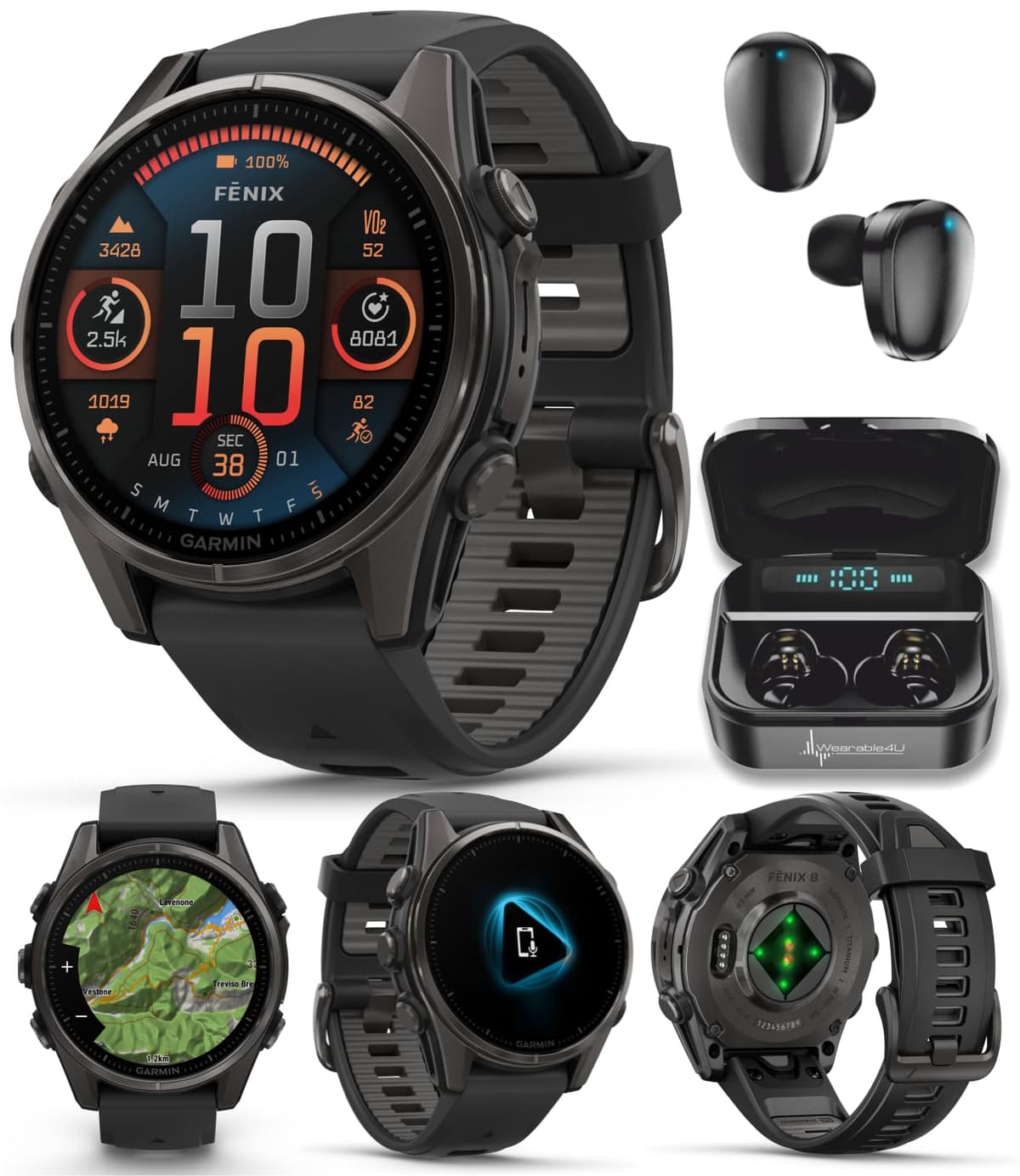 Wearable4U Garmin Fenix 8 43 mm Sapphire AMOLED Multisport GPS Smartwatch Carbon Gray DLC Titanium + Earbuds Negros TWS X7
