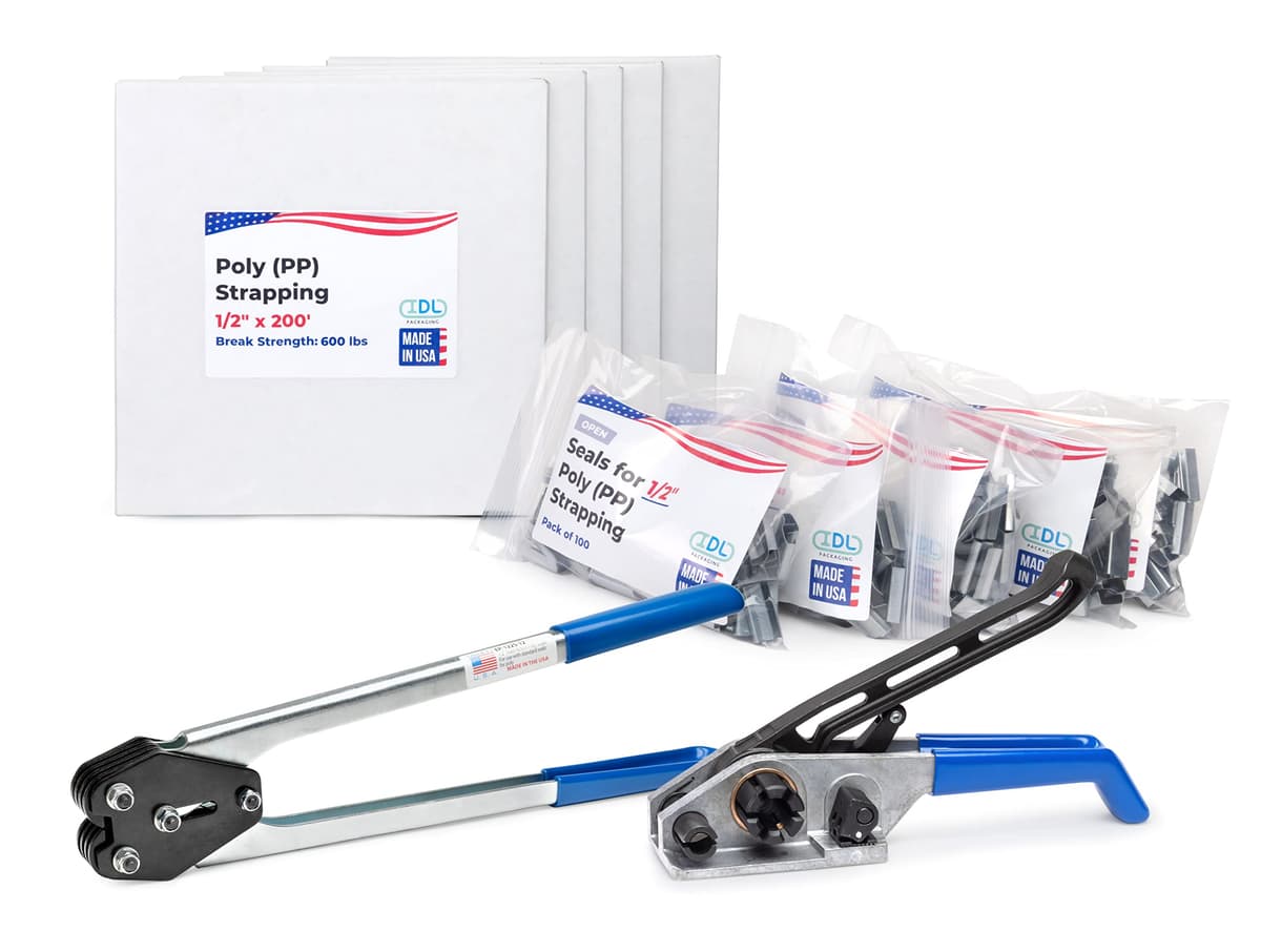 IDL Packaging Kit de flejes PP 1/2" x 1000' (600 lbs) - 500 sellos incluidos US-PPSK.600.1000