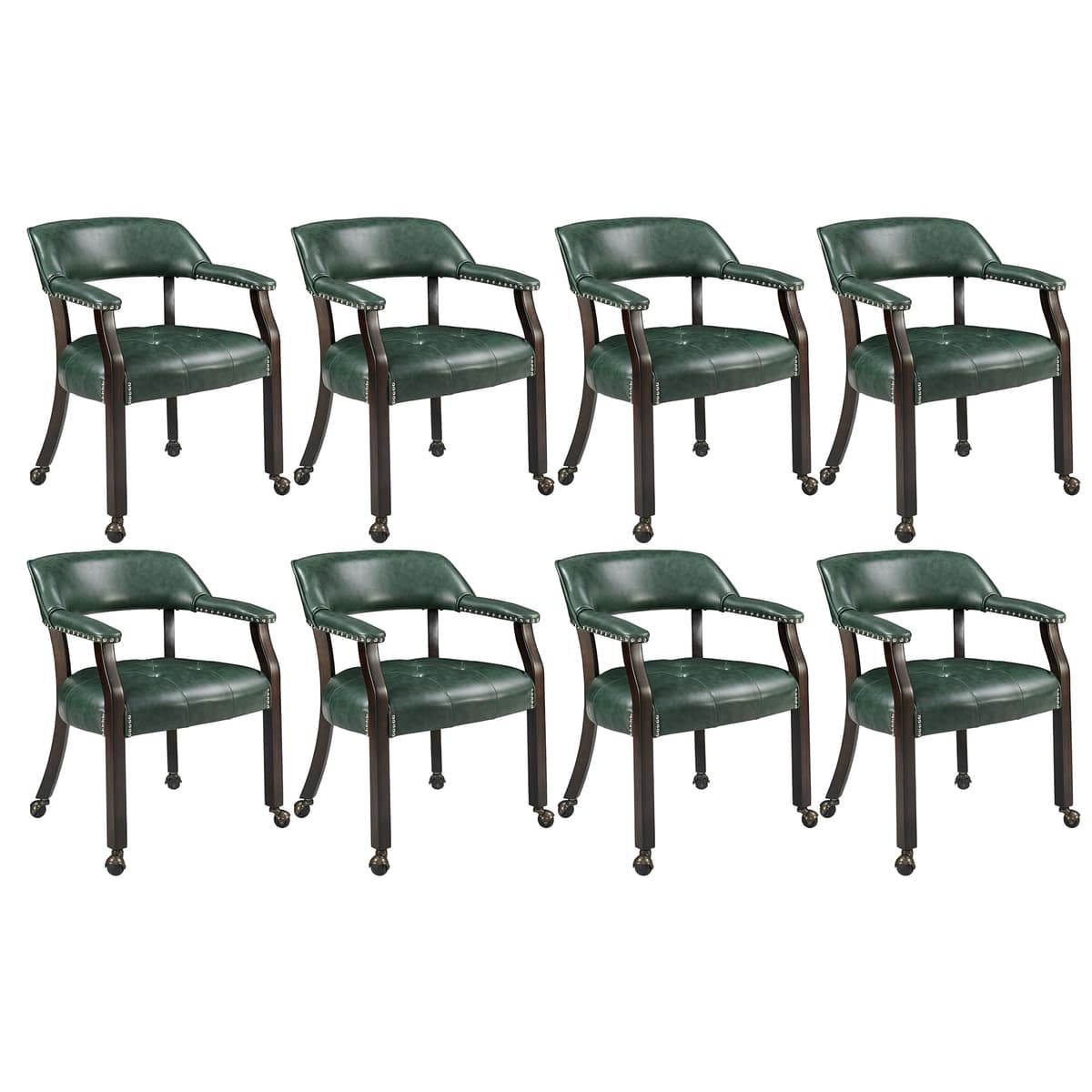 LEEMTORIG Juego de 8 Sillas Grandes con Ruedas y Brazos, Tapizado Verde PU, Patas Espresso LEEXXY-1910-GN08