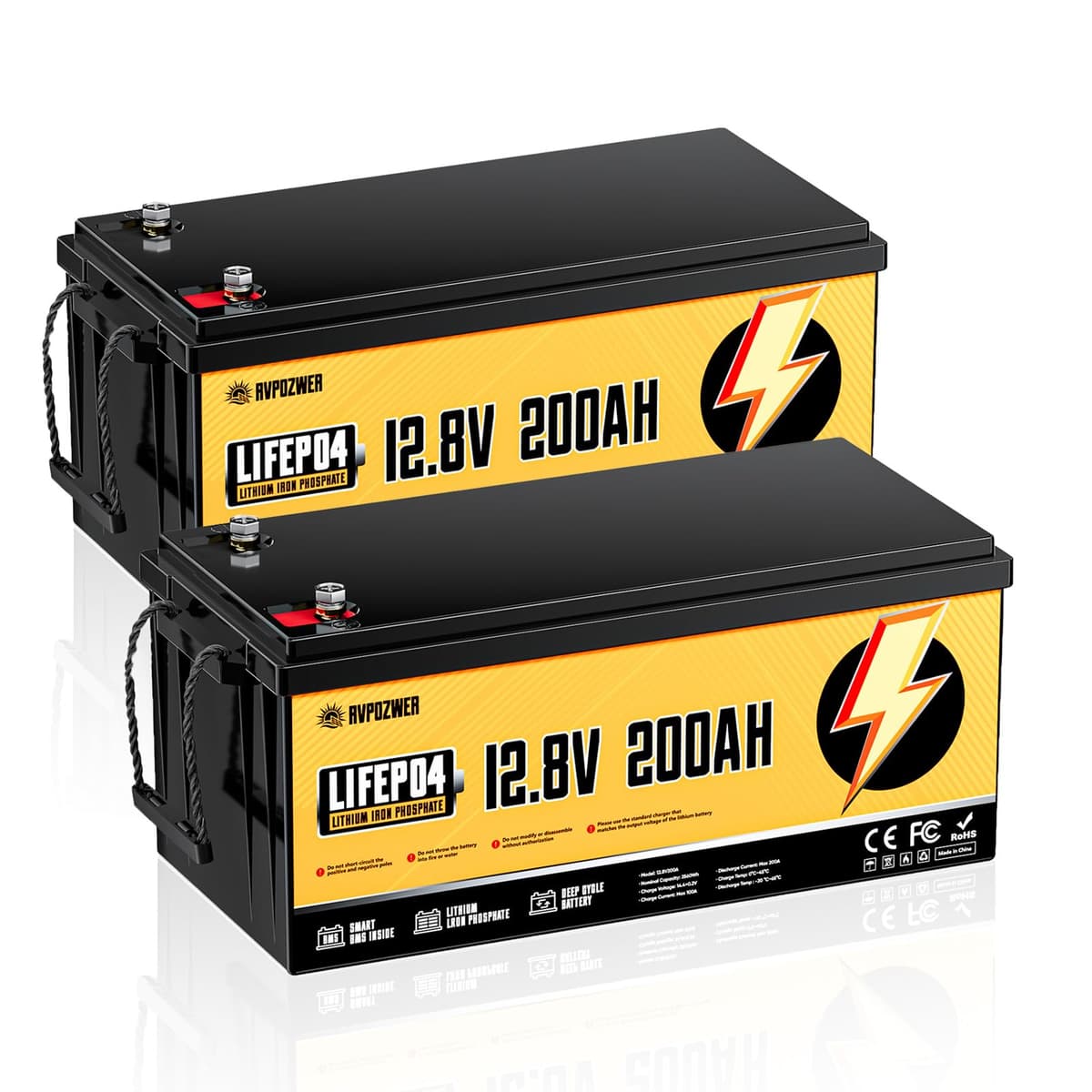 Rvpozwer 12V 200Ah LiFePO4 Battery - Pack de 2, Built-in 200A BMS RV200-01-2