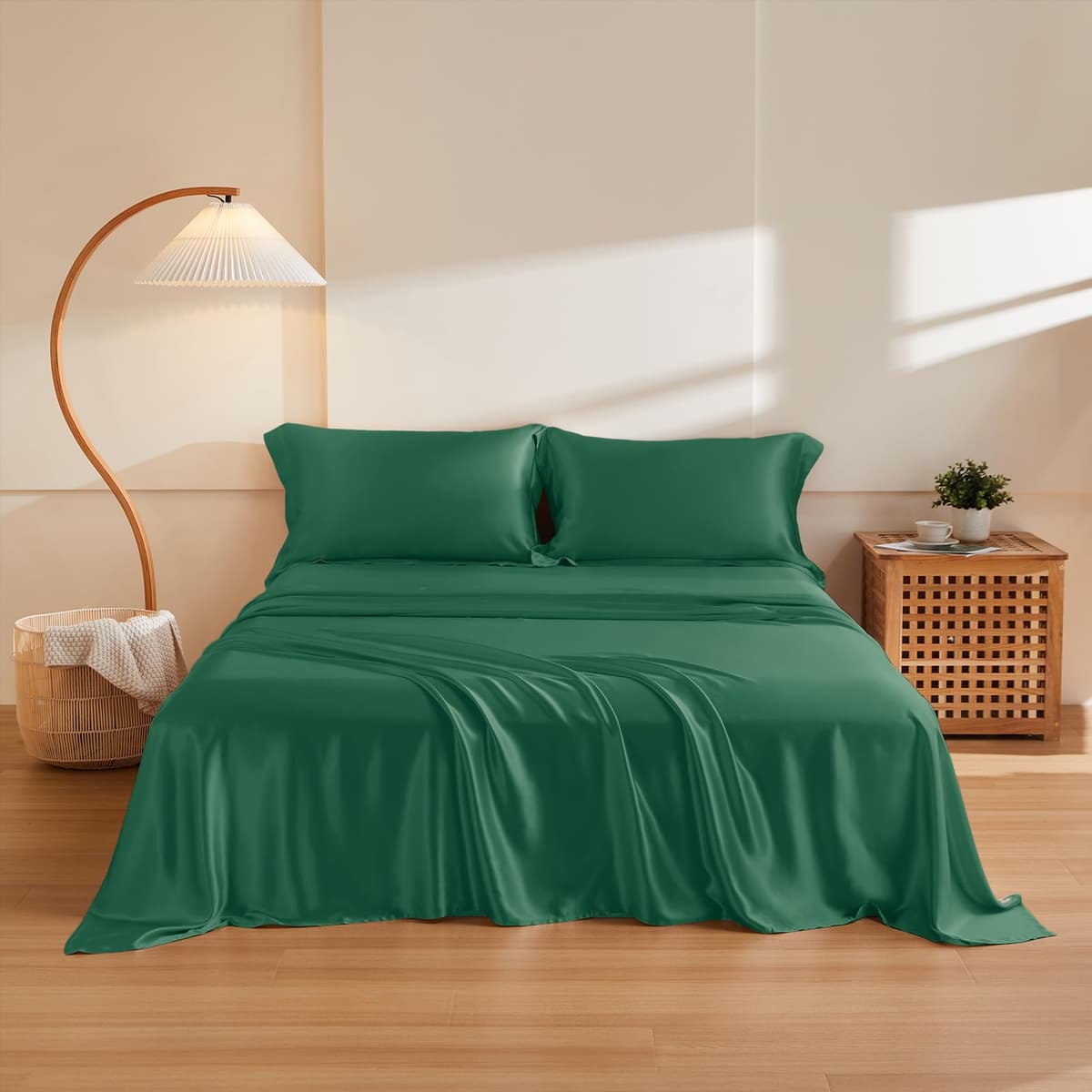 THXSILK Juego de sábanas de seda 4 piezas King - Mulberry 19 Momme, Emerald Green