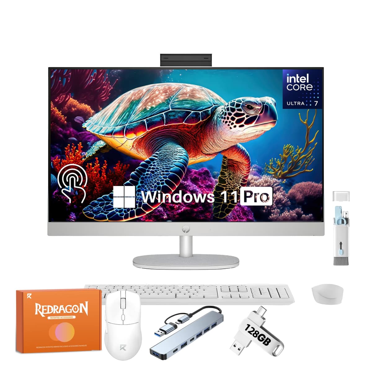 Computadora de Escritorio HP All-in-One, Pantalla Táctil FHD de 27", Altura Ajustable, Intel Ultra 7 155U (hasta 4.8 GHz), 64 GB DDR5, SSD de 2 TB, Teclado Inalámbrico y Mouse REDRAGON, Windows 11 Pro, con Accesorios HP 27 All-In-One Desktop