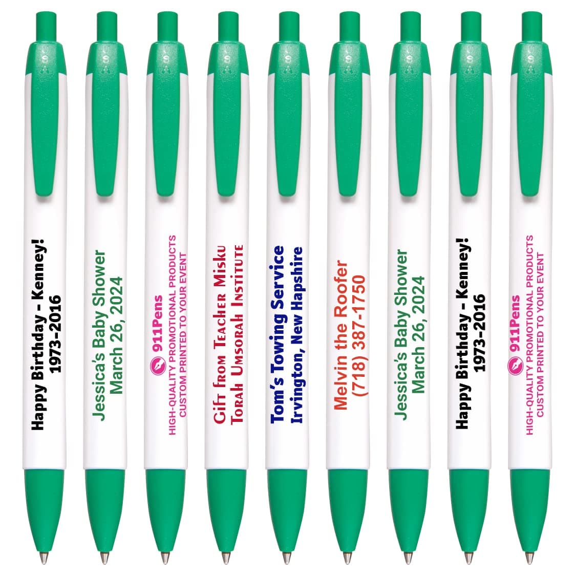 911 Pens 1000 unidades bolígrafos personalizados clic, barril ancho blanco con detalle verde, impresión de logo personalizable 125W-1000-Green