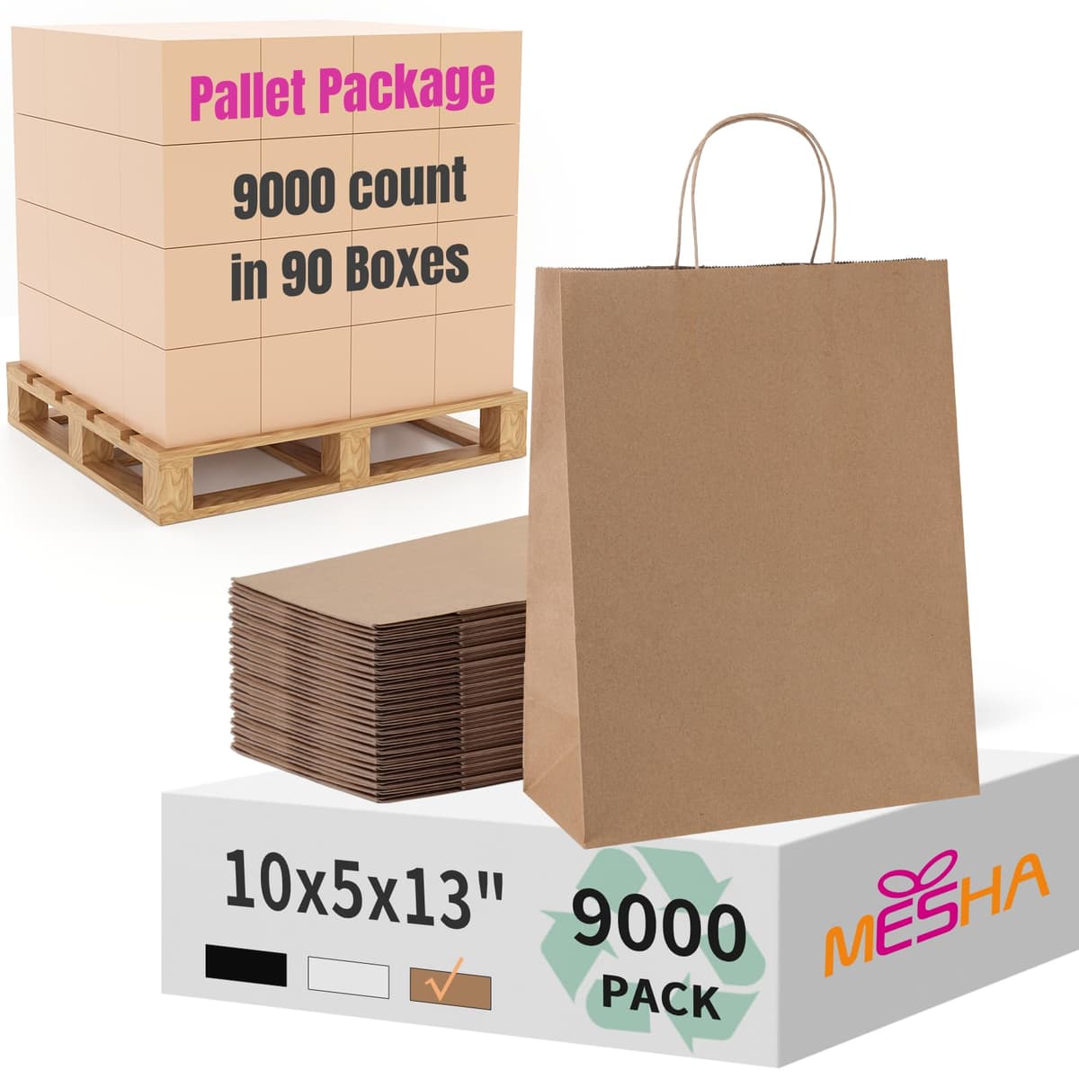 MESHA Gift Paper Bags 10x5x13 Inch - 9,000 pack (Brown)