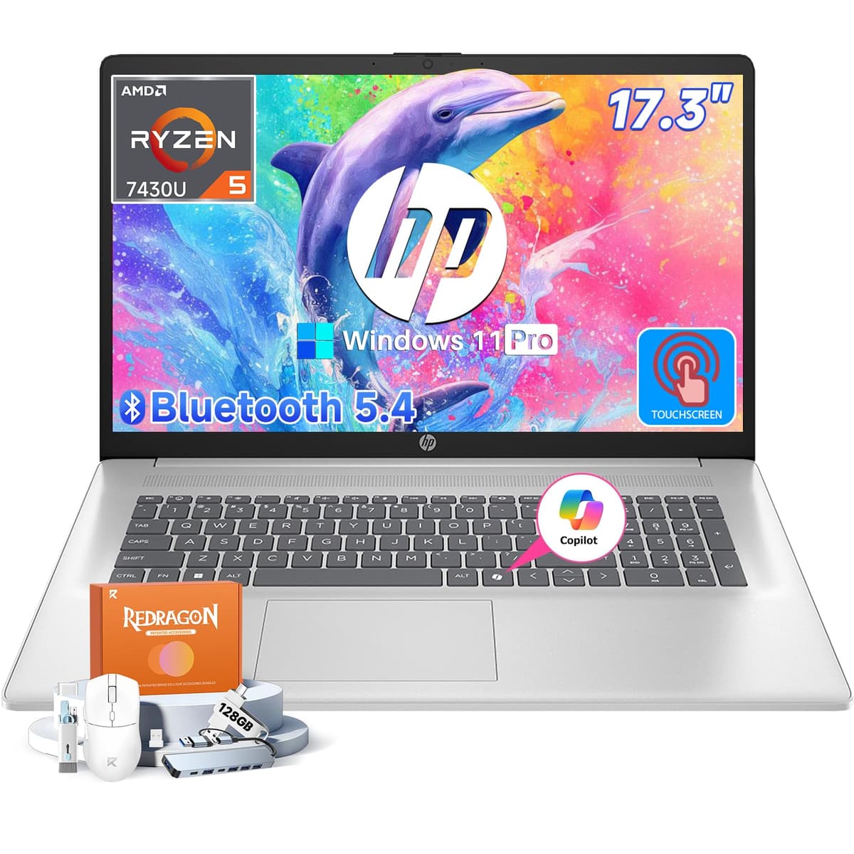HP 17.3" Táctil, Windows 11 Pro, 16GB RAM, 1TB SSD, AMD Ryzen 5 7430U, Pantalla táctil antirreflejo 17" HD+, Gráficos AMD Radeon, Tecla Copilot, Teclado numérico, Carga rápida, con accesorios B97RFUA#ABA