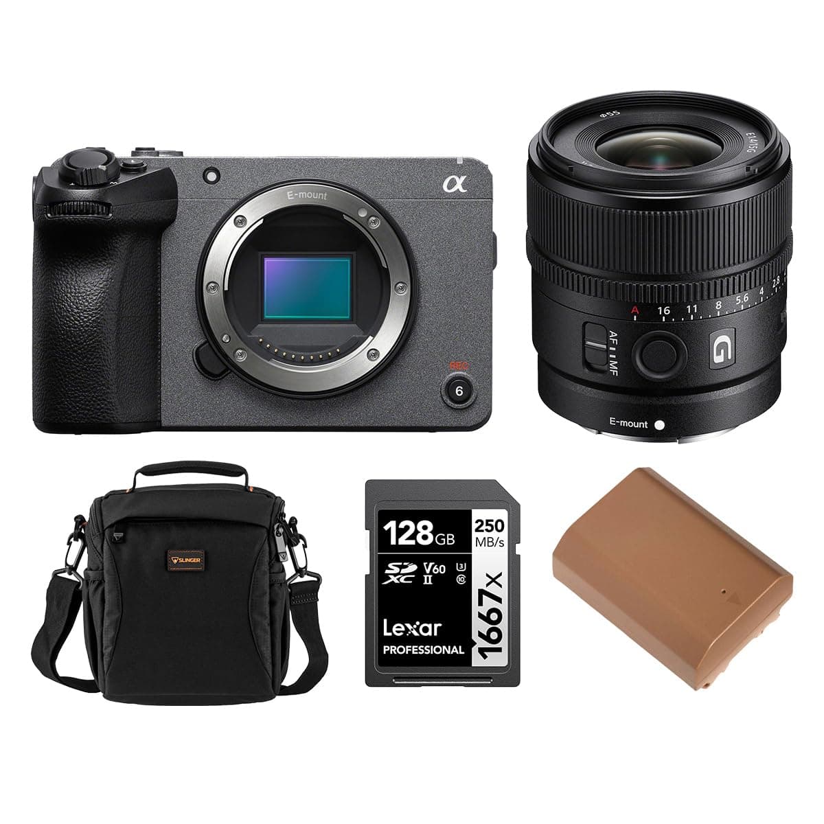 Kit Sony FX30 Super 35 Cinema Line con lente E 15mm f/1.4, batería y tarjeta 128GB UHS-II ILME-FX30B