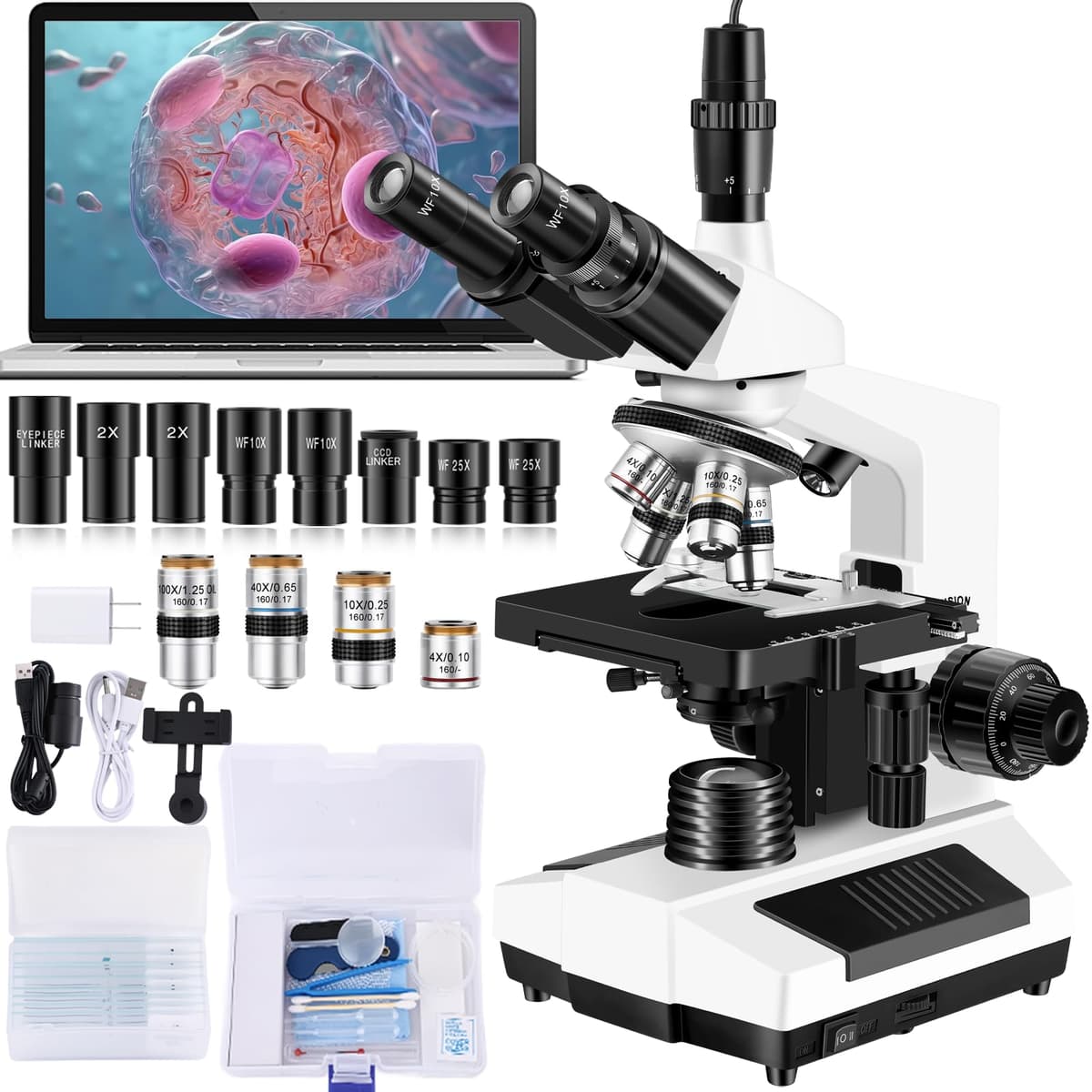 Microscopios Woehrsh para Adultos Oculares WF10x y WF25x Microscopio Compuesto con Portaobjetos, Kit de Microscopios para Niños Estudiantes Educación en Casa (Microscopio Monocular con Gran Paquete) DJDS6678