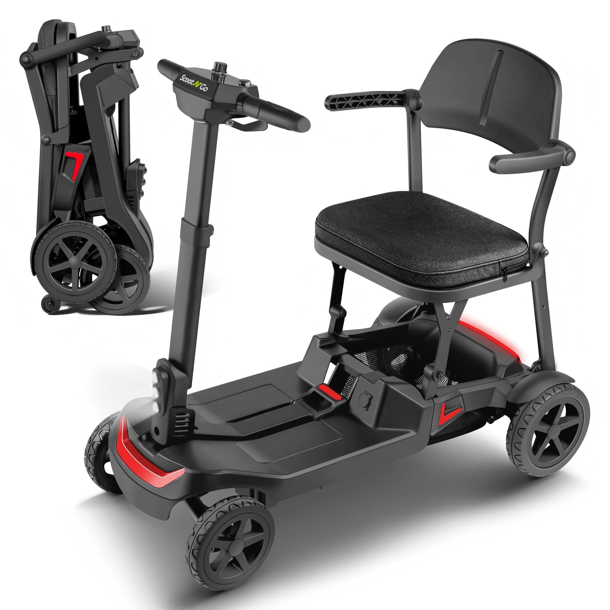 SCOOTNGO Mobility Scooter LITE para Seniors - 4 Wheel Foldable Lightweight, Dual Batteries, No Assembly Needed (Black Red, Standard)