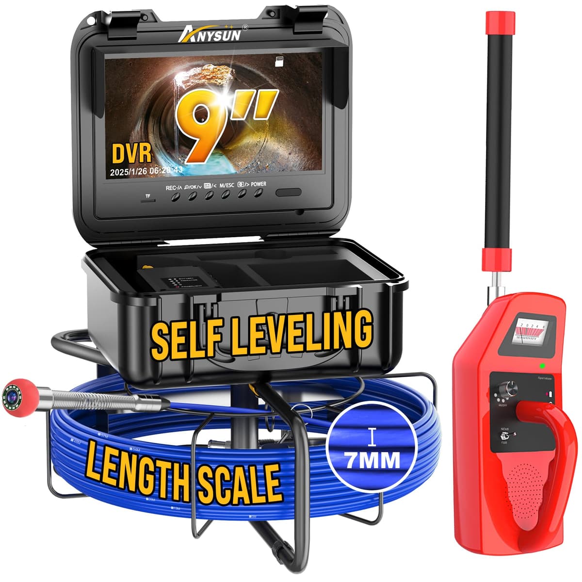 Cámara de inspección para alcantarillas Anysun con localizador, cable de 7 mm y monitor HD de 9'' anysun-9DX-512TR-BL