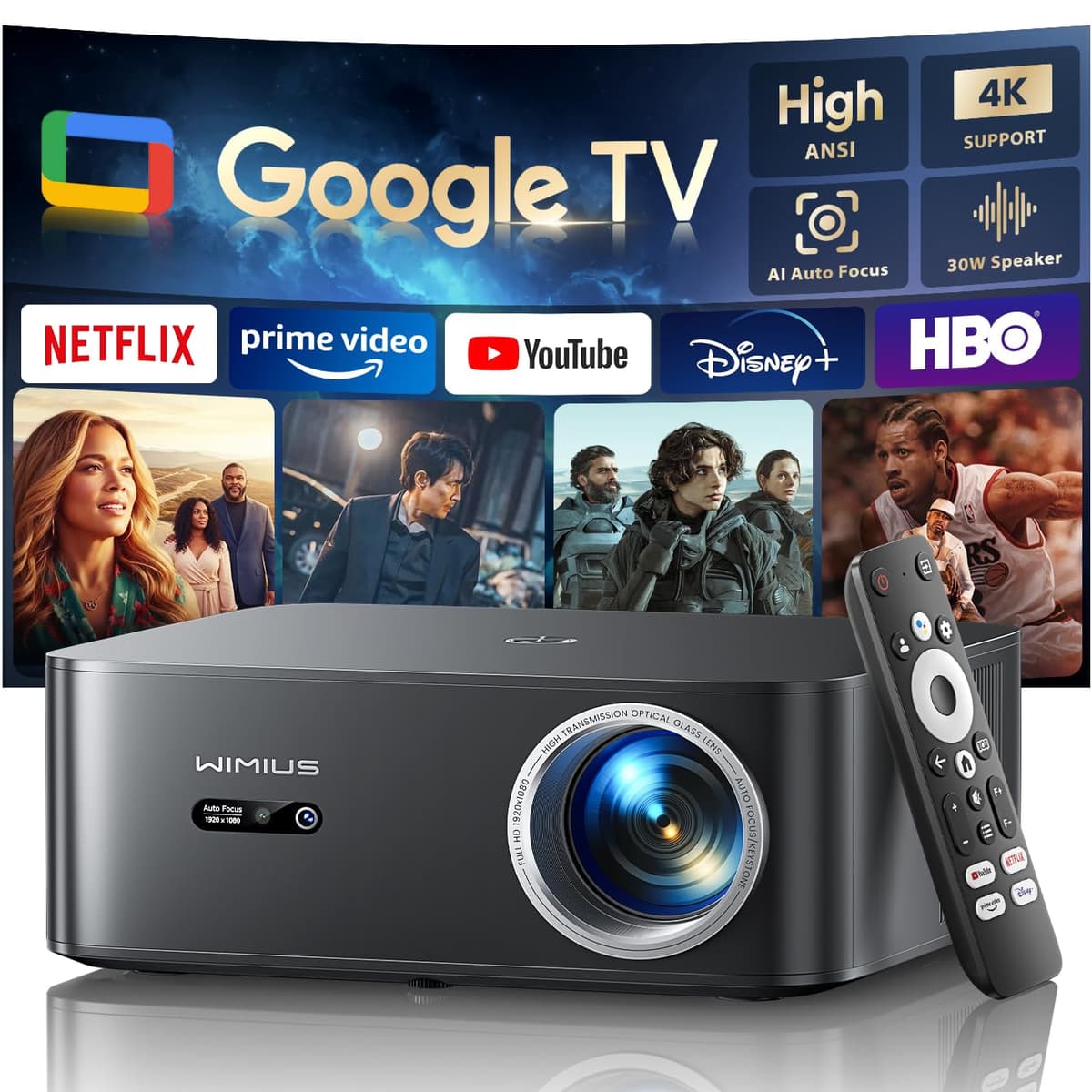 【Oficial Google TV/4K Compatible】Proyector Inteligente con WiFi y Bluetooth, Proyector para Exterior y Hogar con Control por Voz, Enfoque Automático y Keystone, Compatible con Netflix Proyector WiMiUS K13 Negro