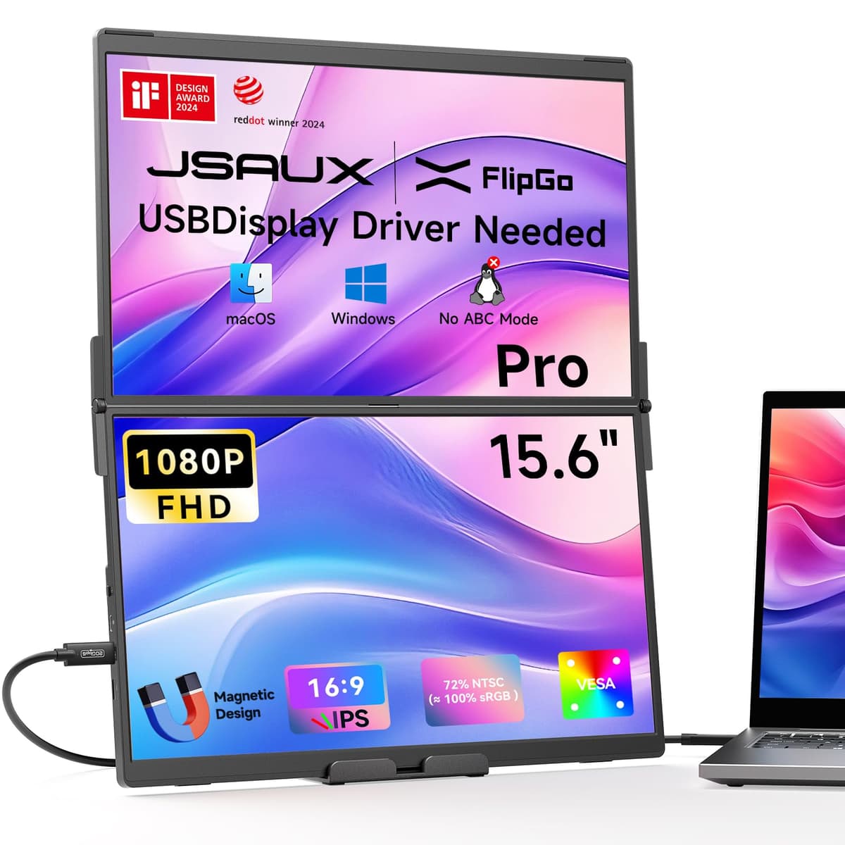 JSAUX FlipGo Pro 15.6" Monitores Portátiles Duales, Monitor Doble 1080P FHD IPS, Extensor Triple de Pantalla para Laptop para Windows/macOS (Requiere Driver) con Diseño Magnético/Plug & Play/Hub Integrado JSDEPM0209BK15.6IN
