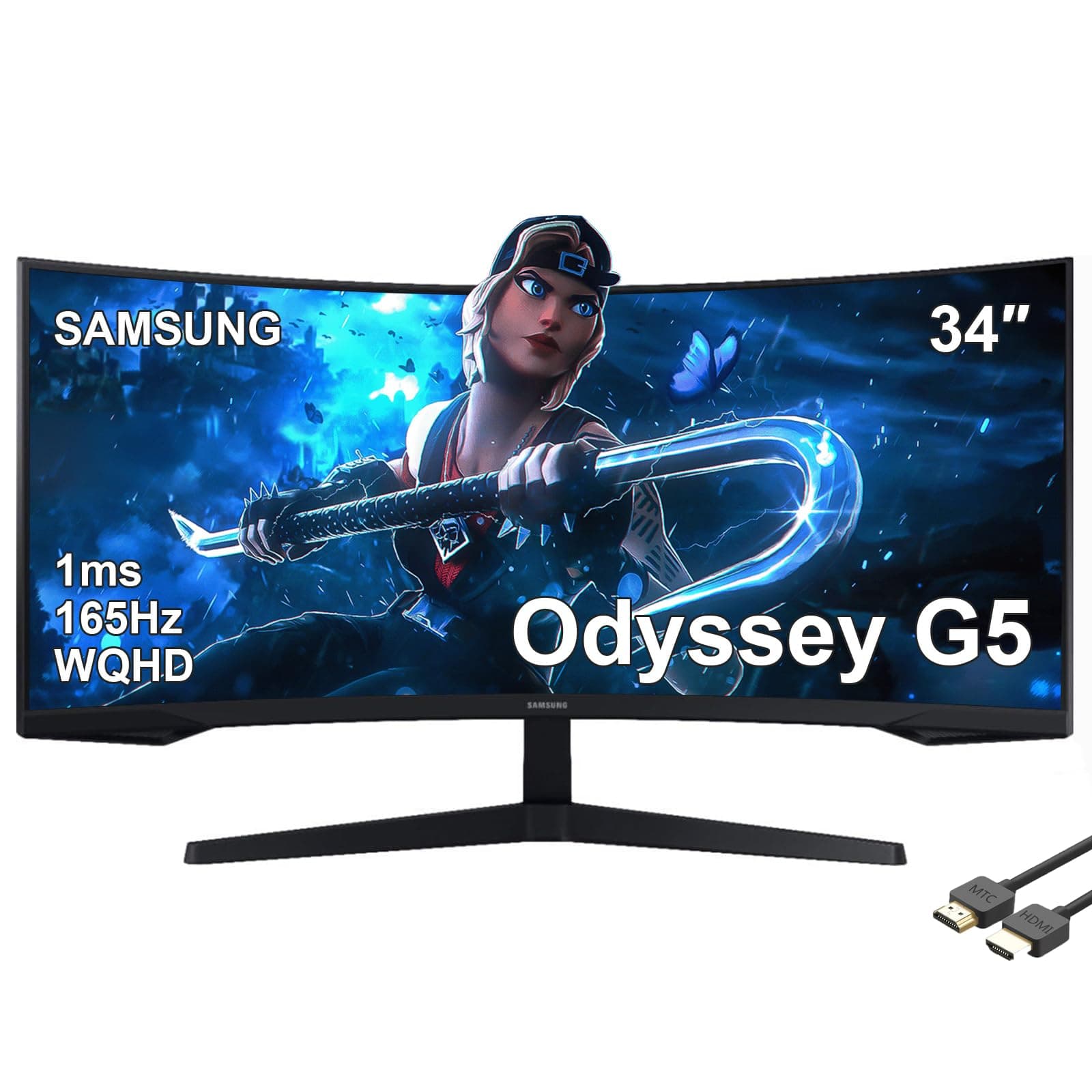 SAMSUNG Monitor Gamer Ultra Ancho Odyssey G5 de 34" WQHD Curvo 1000R, 165Hz, 1ms, FreeSync Premium, Negro, con Cable HDMI MTC