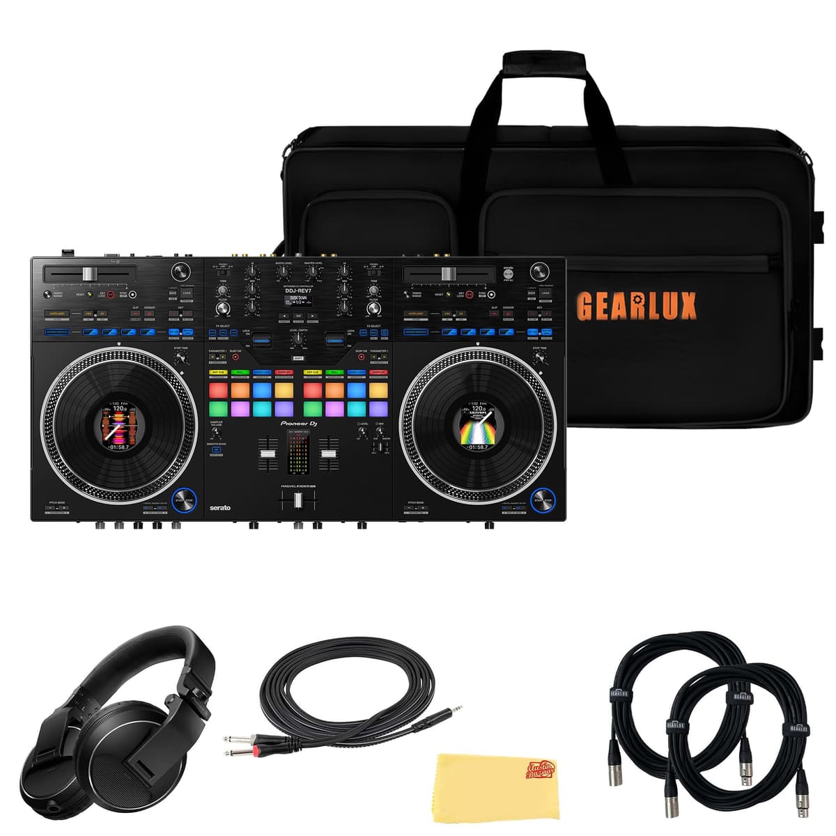 Pioneer DDJ-REV7 Controlador DJ 2-Canales Estilo Scratch + Bundle con Estuche, Audífonos, Cable XLR, Adaptador TRS a Dual TS y Paño de Pulido AUS-DDJ-REV7-COMBO-DLX-V2