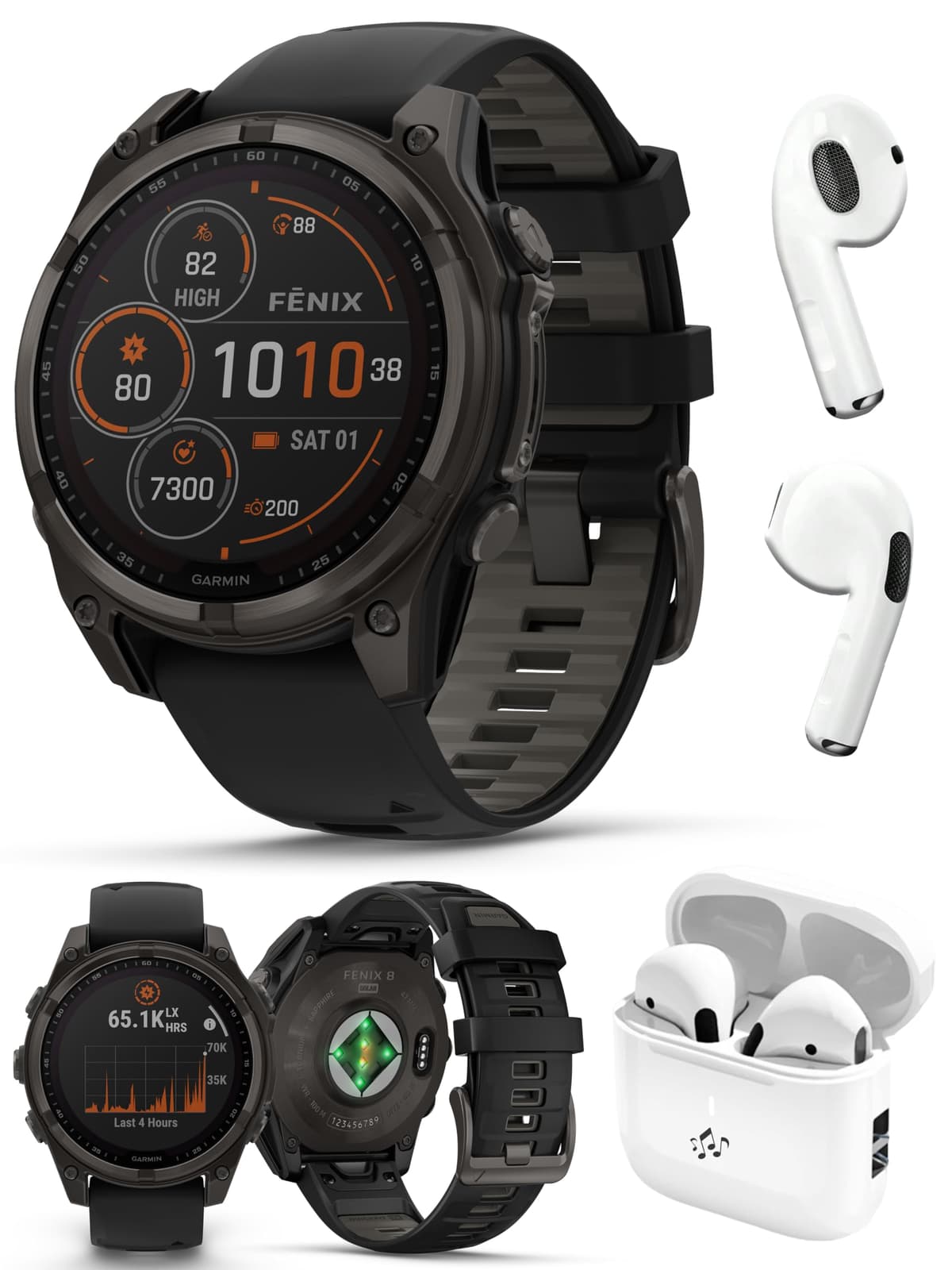 PlayBetter Garmin Fenix 8 Solar Zafiro (47 mm, Titanio DLC Gris Carbón) Reloj Multideporte GPS Bundle - Pantalla táctil de 1.4”, Linterna LED integrada Auriculares inalámbricos para correr