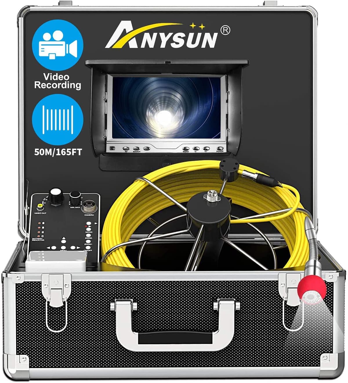 Pipe Inspection Camera 165FT Anysun Endoscope con monitor 7" y DVR, cámara 1000TVL IP68 (incluye 8GB SD) CR110-7D150