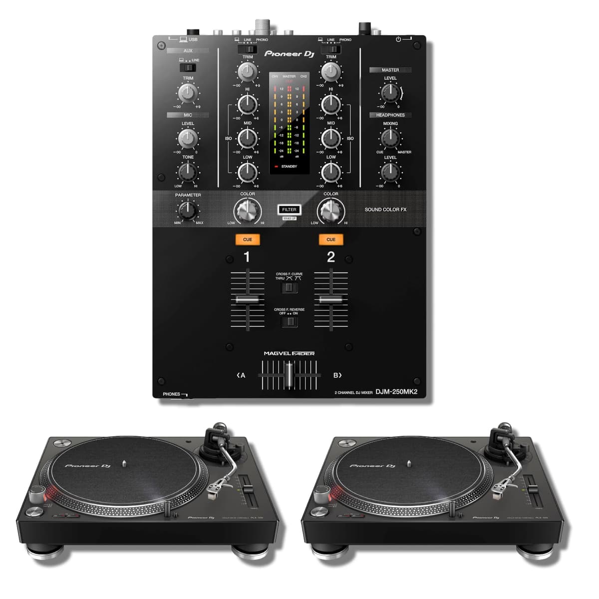 StreamEye Pioneer DJM-250MK2 2-channel Mixer con par de tornamesas PLX-500 DJM-250MK2 + PLX-500 (Pair)