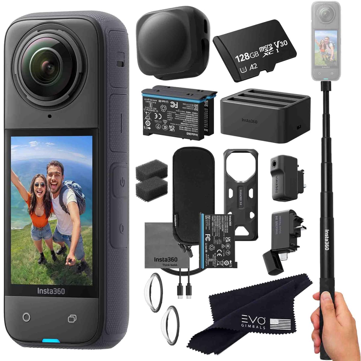 Insta360 X4 Pro Bundle - Cámara 8K 360 con accesorios profesionales (128GB) X4_SELFIE_2BATT_Charger_QR_Mic