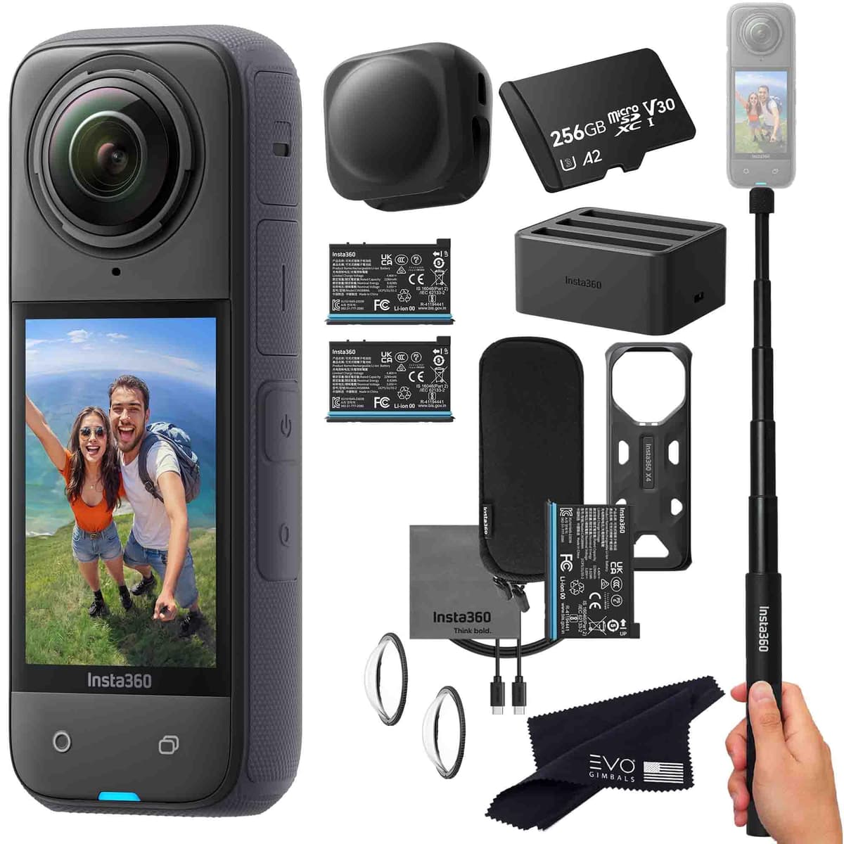 Insta360 X4 Battery Bundle - Cámara 360 8K con baterías extra y cargador X4_CHARGER_2-BATT_SELFIE_LG_128GB