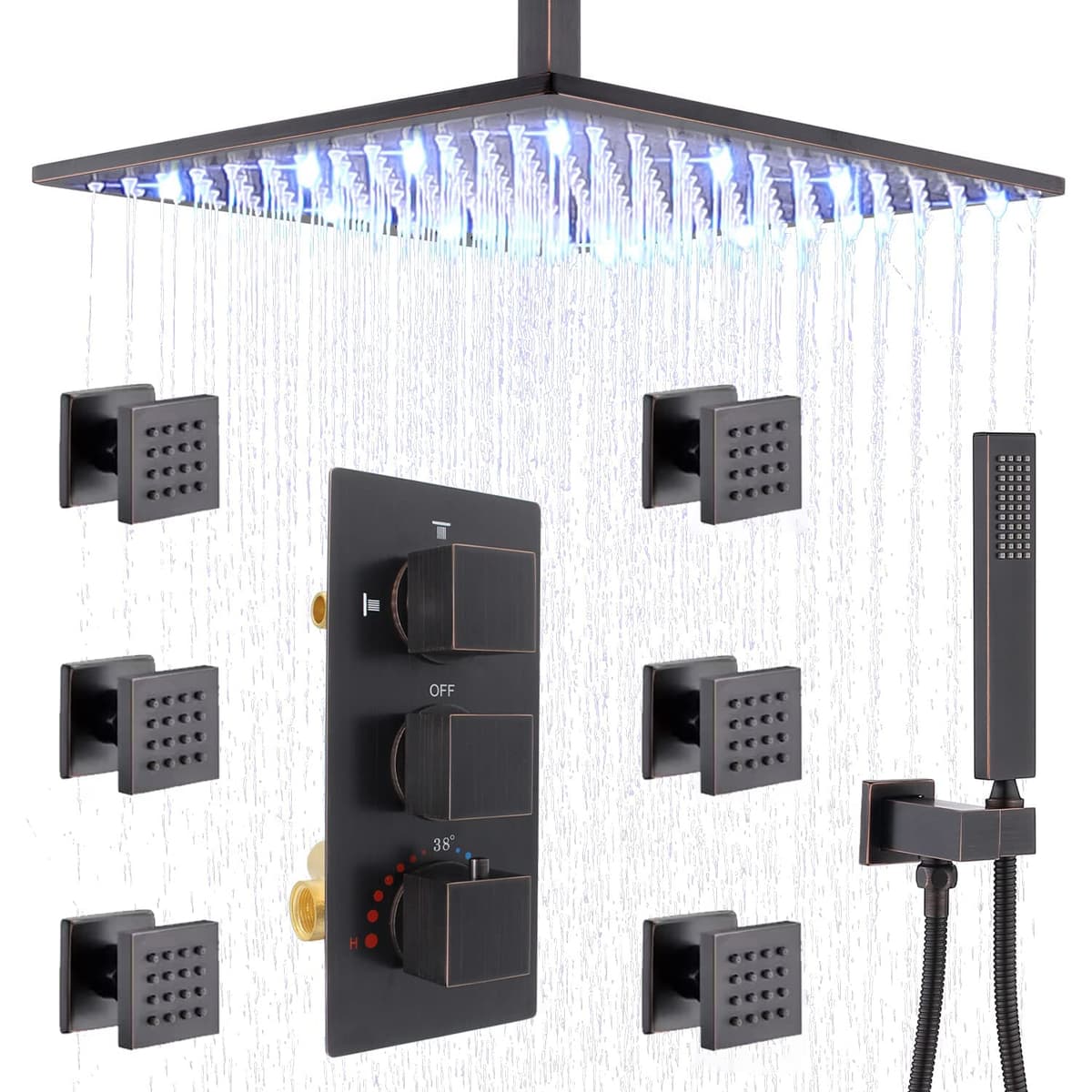 HOMEDEC Sistema de ducha termostático con cabezal de lluvia LED 16" y jets corporales HDC-SQUARE-01