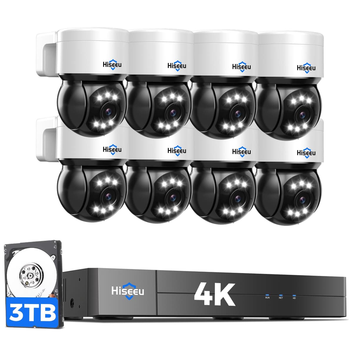 [330°Pan 90°Tilt+Seguimiento Humano] Sistema de Cámaras de Seguridad Hiseeu 4K PoE, NVR con 8 * Cámaras PTZ PoE 8MP para Exterior e Interior, Audio Bidireccional, Visión Nocturna en Color, Grabación 24/7 PK-8YHD385-CT