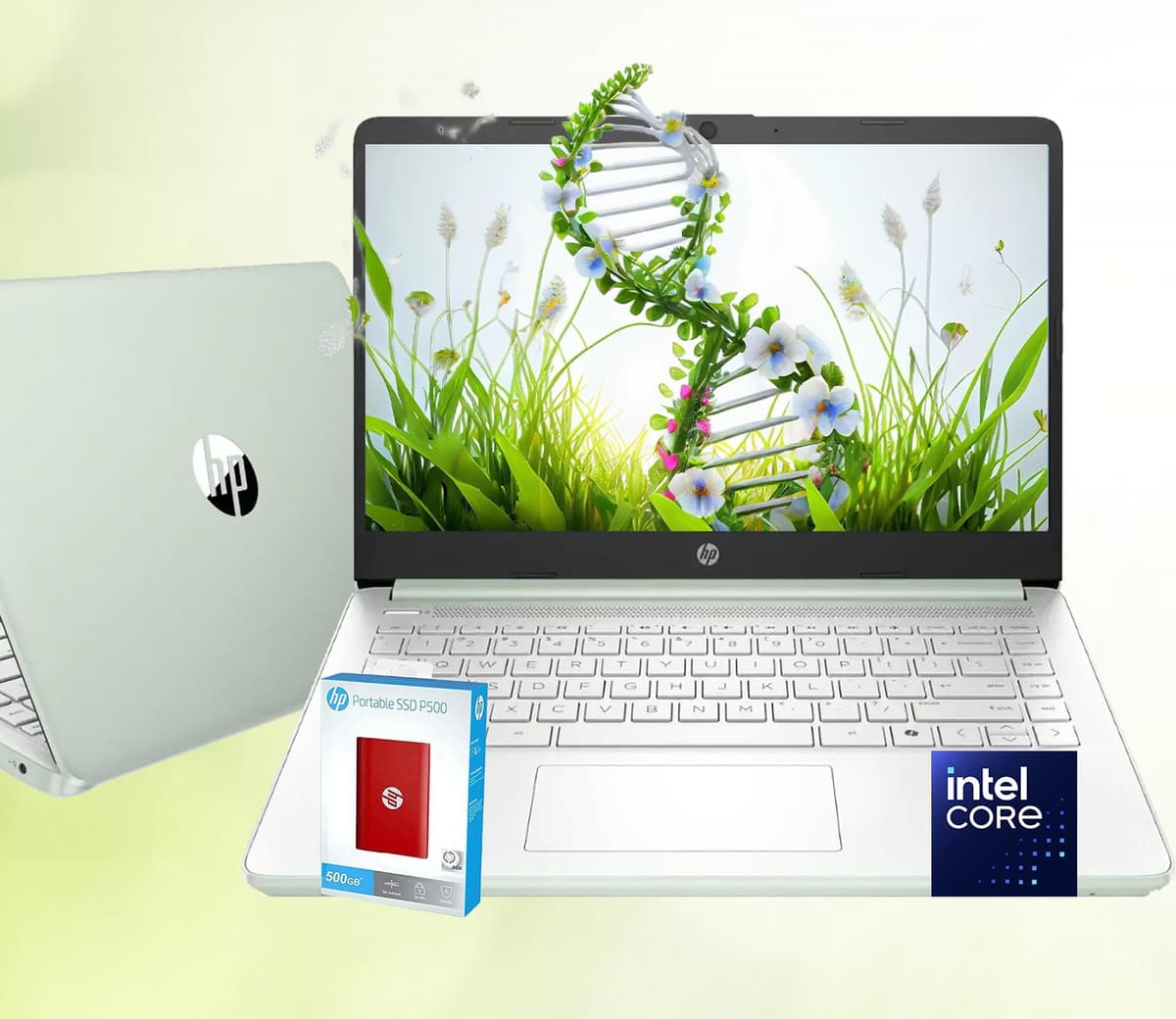 HP 14 Ultrabook • Intel N150 de 4 núcleos • Microsoft 365 • Copilot AI • 4 GB RAM • 1, 6 TB de almacenamiento (128 GB UFS con HP SSD portátil P500 de 512 GB + 1 TB OneDrive) • Wi-Fi 6 • Batería 12 h • Verde • Windows 11