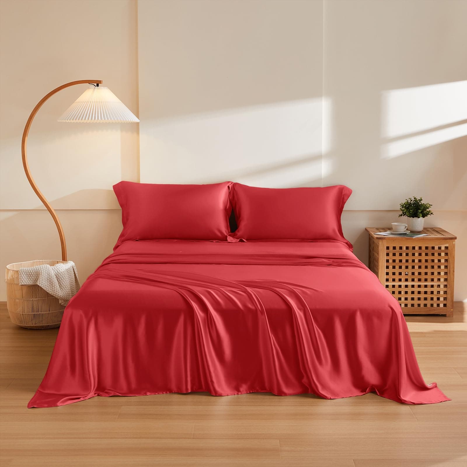 THXSILK Juego de sábanas de seda 4 piezas King - Mulberry 19 Momme, Red