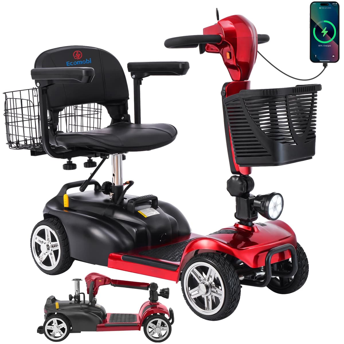 Ecomobi Scooter de Movilidad 4-Ruedas 350W 15-30 Miles con Batería Removible WYAC-MS02-RED-15AH