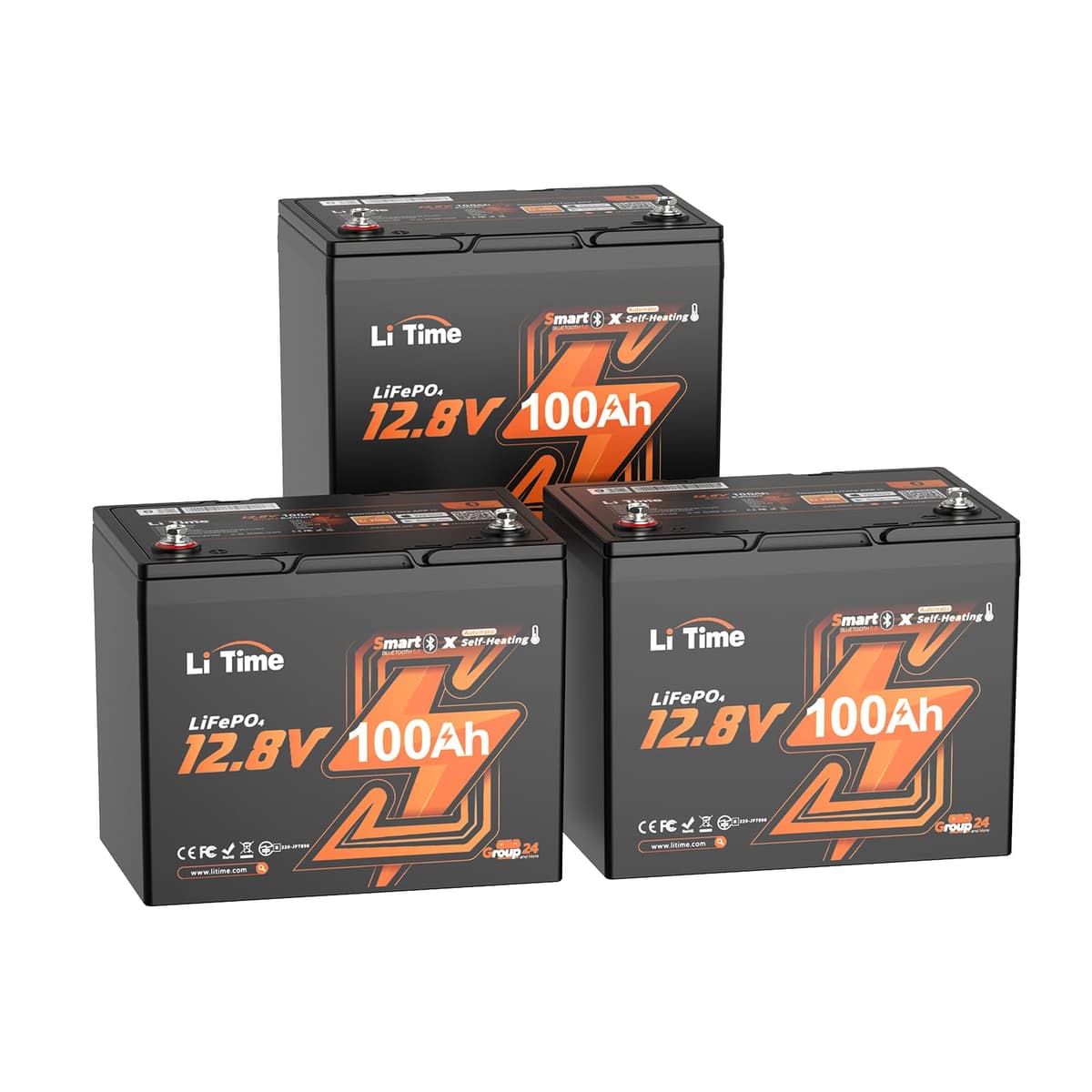 LiTime 12V 100Ah LiFePO4 Self-Heating Battery Group 24 - Bluetooth, 2 modos de calefacción (3Pack) 12V BT Pack