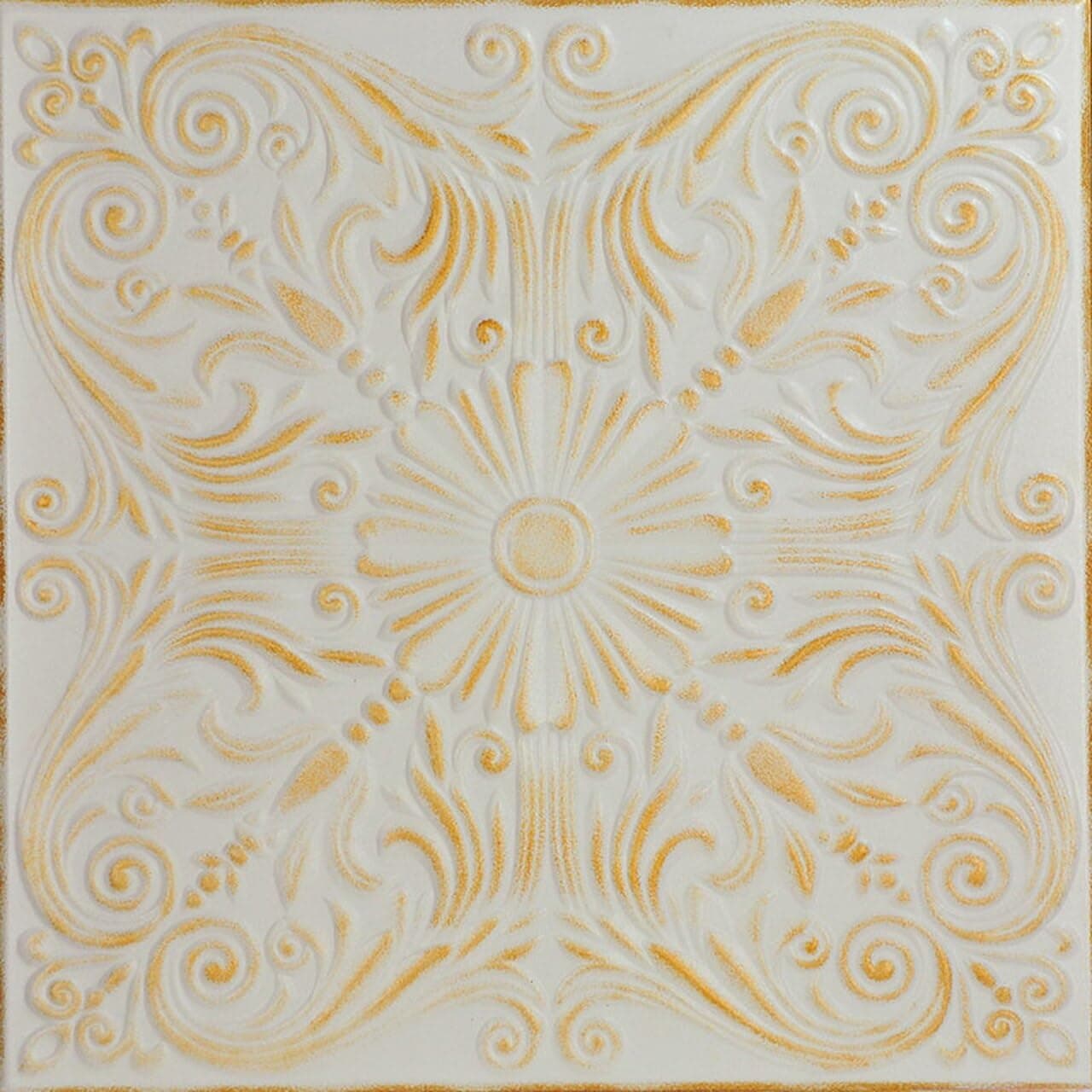 À LA MAISON CEILINGS R139 Spanish Silver Foam Glue-up Ceiling Tile, Pack de 144, White Washed Gold R139wwg-144