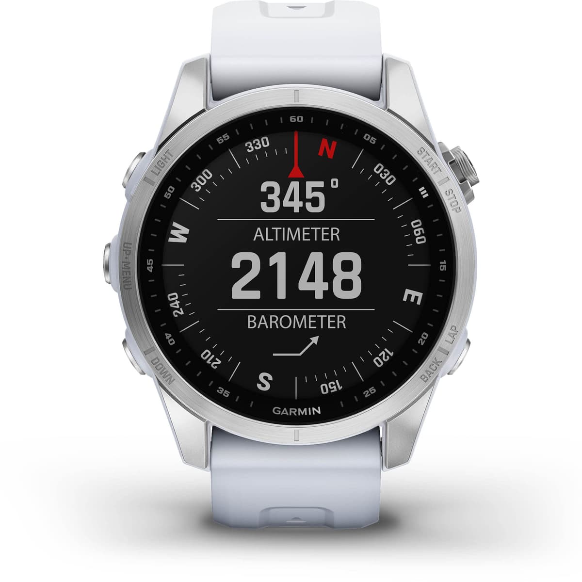 Garmin fenix 7S, reloj inteligente de aventura de tamaño más pequeño, reloj resistente para exteriores con GPS, pantalla táctil, funciones de salud y bienestar, plateado con correa Whitestone (Reacondicionado) 010-02539-02-cr